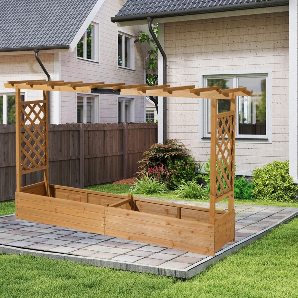 Raised Garden Bed with Trellis, Hanging Roof, Planter Box, Drainage Holes, Vertical Plant Container for Vine Climbing Plant Flower, Standing Wood Planter for Garden Patio Yard, Teak view 6