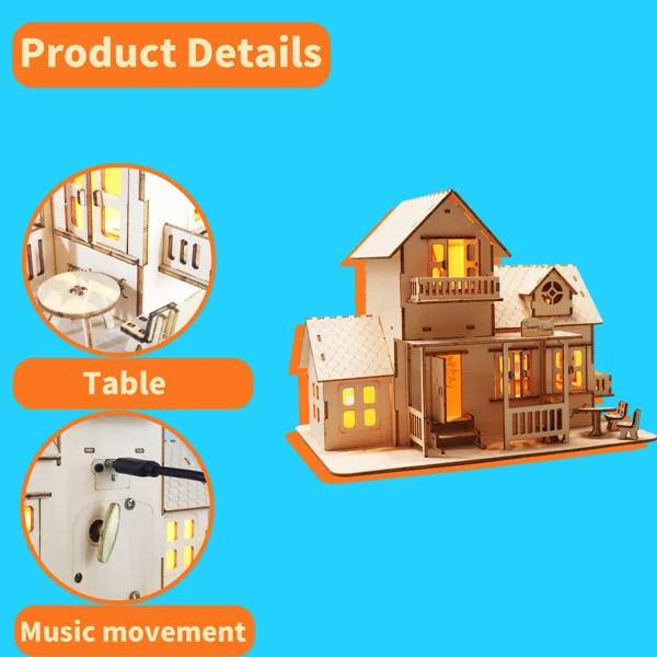 3D Wooden Puzzle Sweet Home Music Box Hands Craft Miniature Dollhouse Kits 3D Model Diy House Building with LED Night Lights Gifts for Christmas view 2