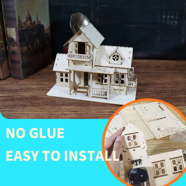 3D Wooden Puzzle Sweet Home Music Box Hands Craft Miniature Dollhouse Kits 3D Model Diy House Building with LED Night Lights Gifts for Christmas view 4