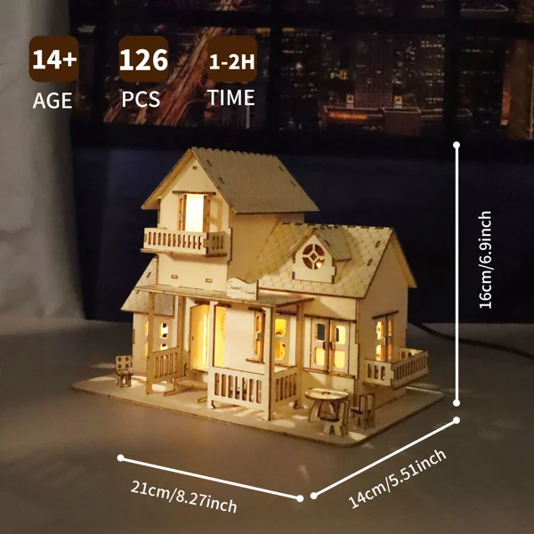 3D Wooden Puzzle Sweet Home Music Box Hands Craft Miniature Dollhouse Kits 3D Model Diy House Building with LED Night Lights Gifts for Christmas view 5