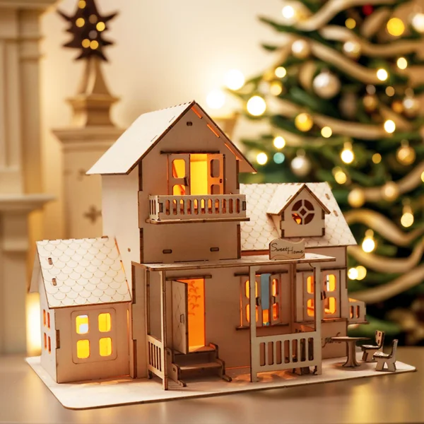 3D Wooden Puzzle Sweet Home Music Box Hands Craft Miniature Dollhouse Kits 3D Model Diy House Building with LED Night Lights Gifts for Christmas view 6