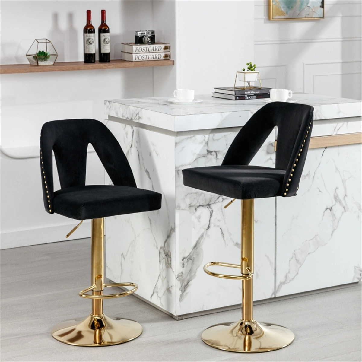 Set of 4 Bar Stools, Tall Dining Chair 30 Inch, Velvet Upholstered Office Chair, Modern Kitchen Island Seating