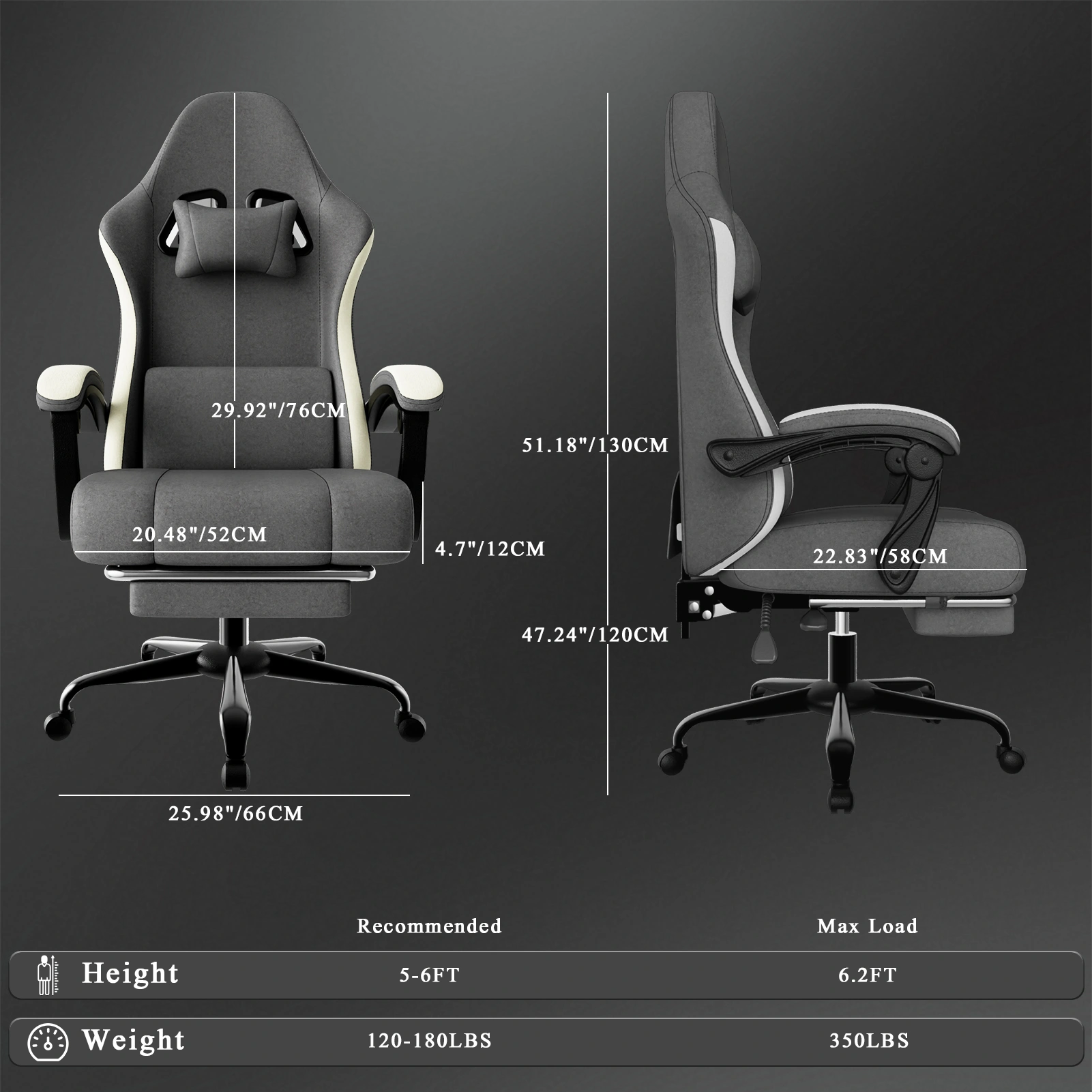 Height Adjustable Gaming Chair with Pocketed Spring Cushion, Breathable Fabric Video Game Chair with Footrest, Adjustable Lumbar Support for Adults view 3