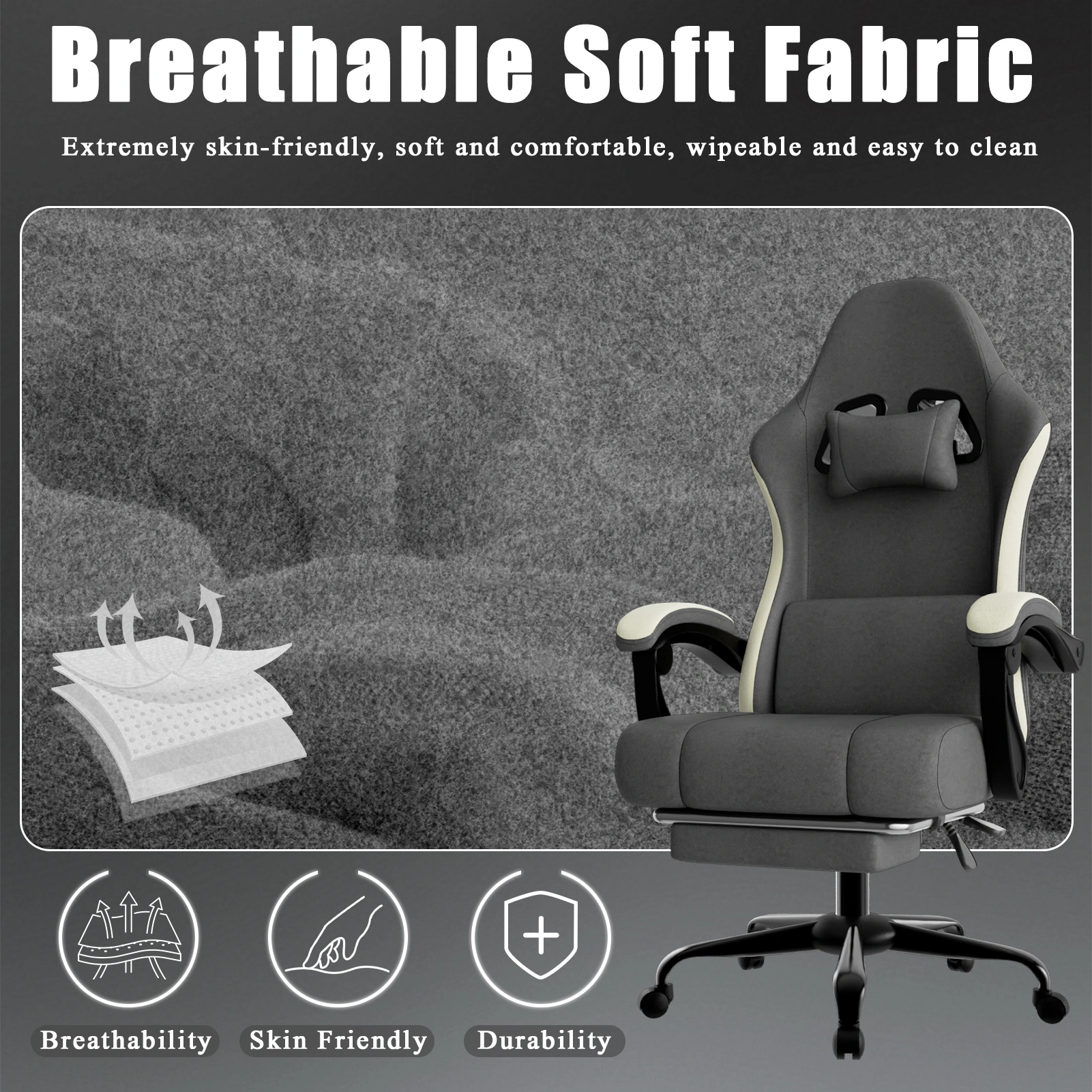 Height Adjustable Gaming Chair with Pocketed Spring Cushion, Breathable Fabric Video Game Chair with Footrest, Adjustable Lumbar Support for Adults view 5