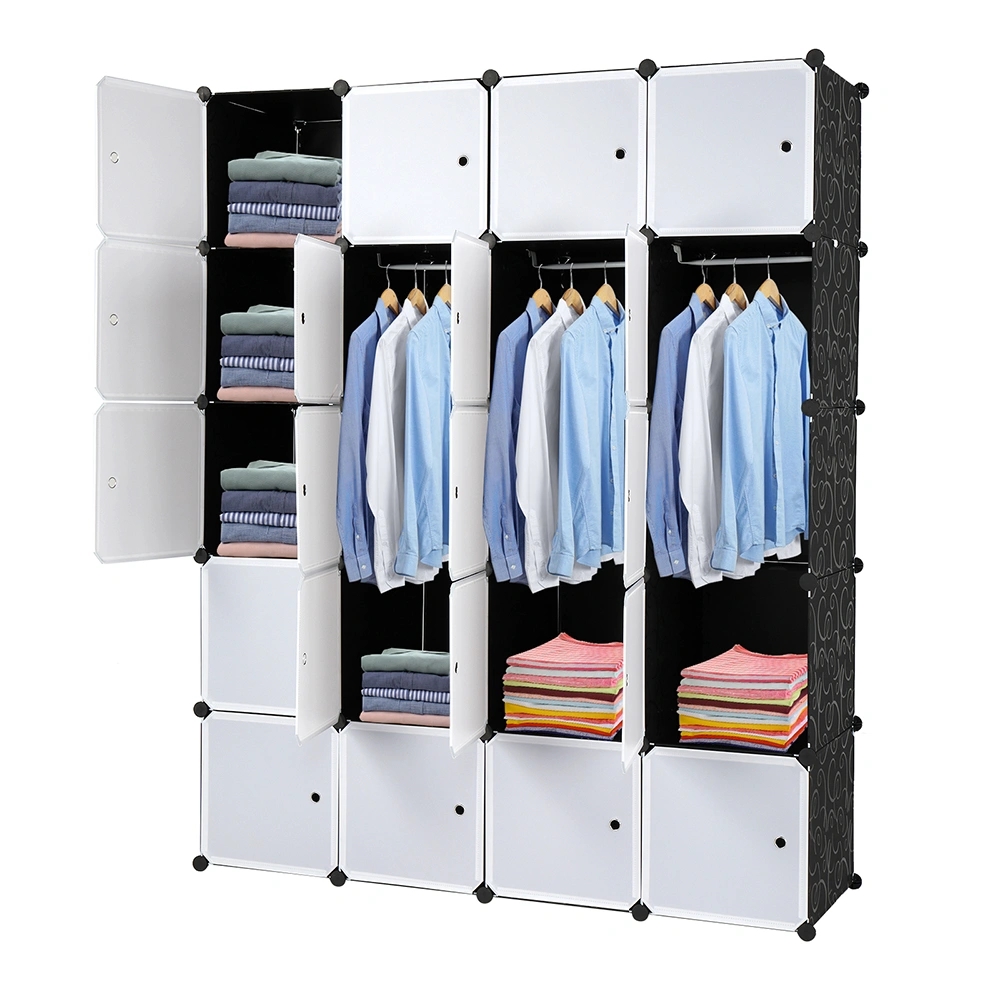 20-Cube Stackable Storage Organizer, Modular Closet Cabinet with Hanging Rod, White Doors & Black Panels