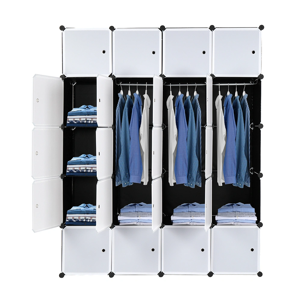 20-Cube Stackable Storage Organizer, Modular Closet Cabinet with Hanging Rod, White Doors & Black Panels view 2