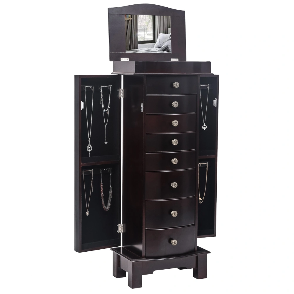 Jewelry Armoire with Mirror, 8 Drawers & 16 Necklace Hooks, 2 Side Swing Doors (Brown)