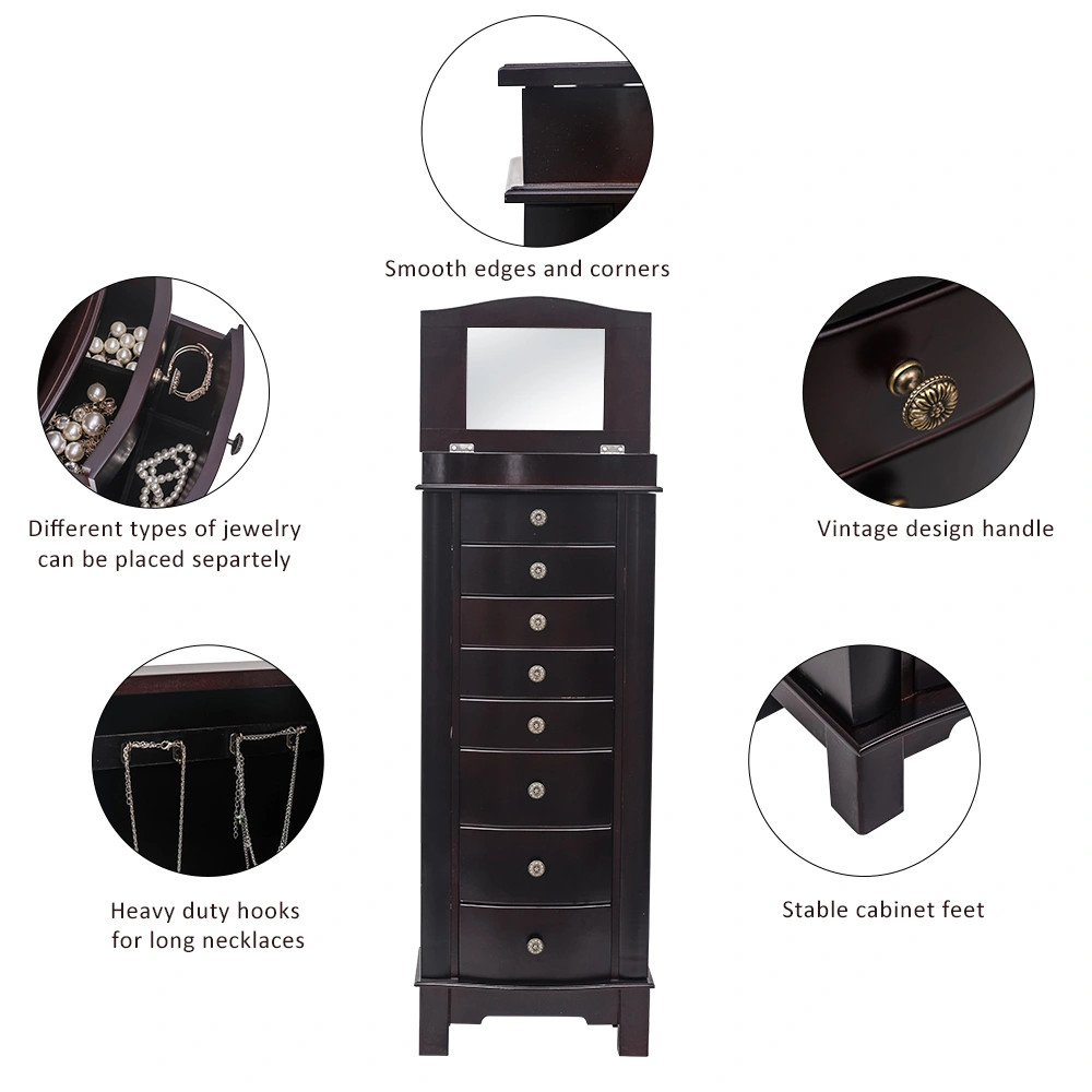 Jewelry Armoire with Mirror, 8 Drawers & 16 Necklace Hooks, 2 Side Swing Doors (Brown) view 10