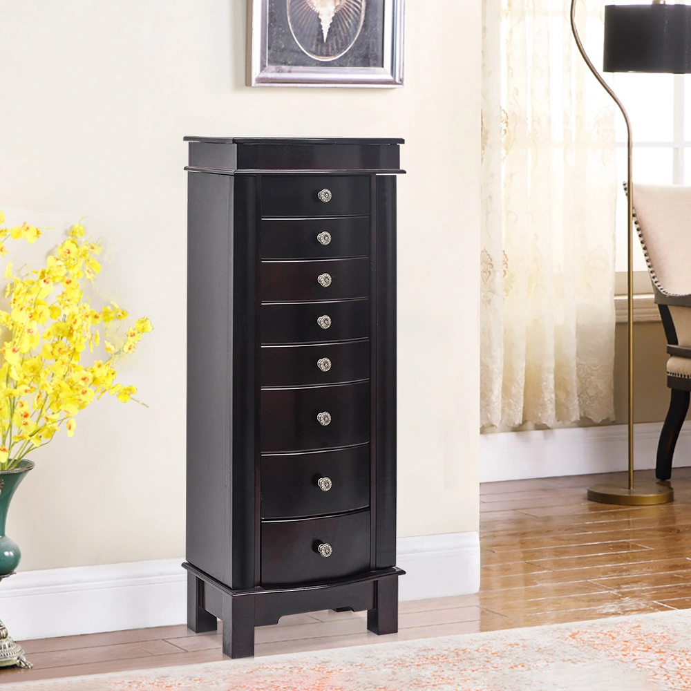 Jewelry Armoire with Mirror, 8 Drawers & 16 Necklace Hooks, 2 Side Swing Doors (Brown) view 12