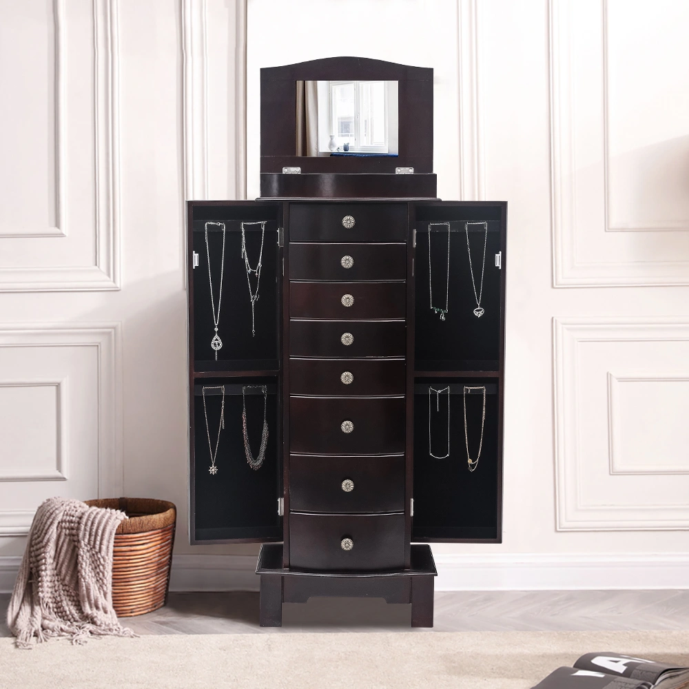 Jewelry Armoire with Mirror, 8 Drawers & 16 Necklace Hooks, 2 Side Swing Doors (Brown) view 13
