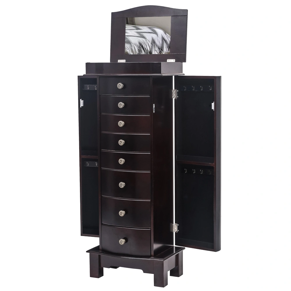 Jewelry Armoire with Mirror, 8 Drawers & 16 Necklace Hooks, 2 Side Swing Doors (Brown) view 5