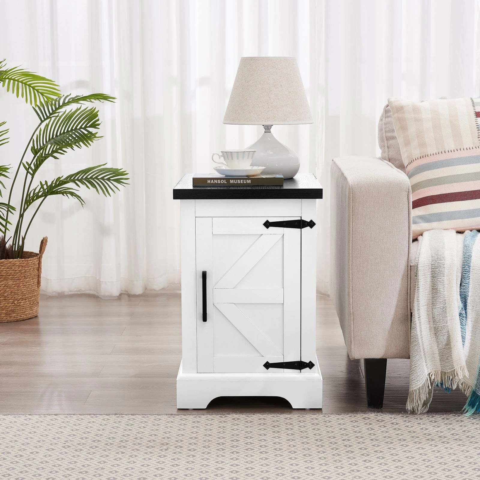 Farmhouse end table Nightstand Rectangular Farmhouse End Table with Barn Door and Adjustable Storage Shelf, Rustic Sofa Side Table for Living Room, Bedroom, White view 6