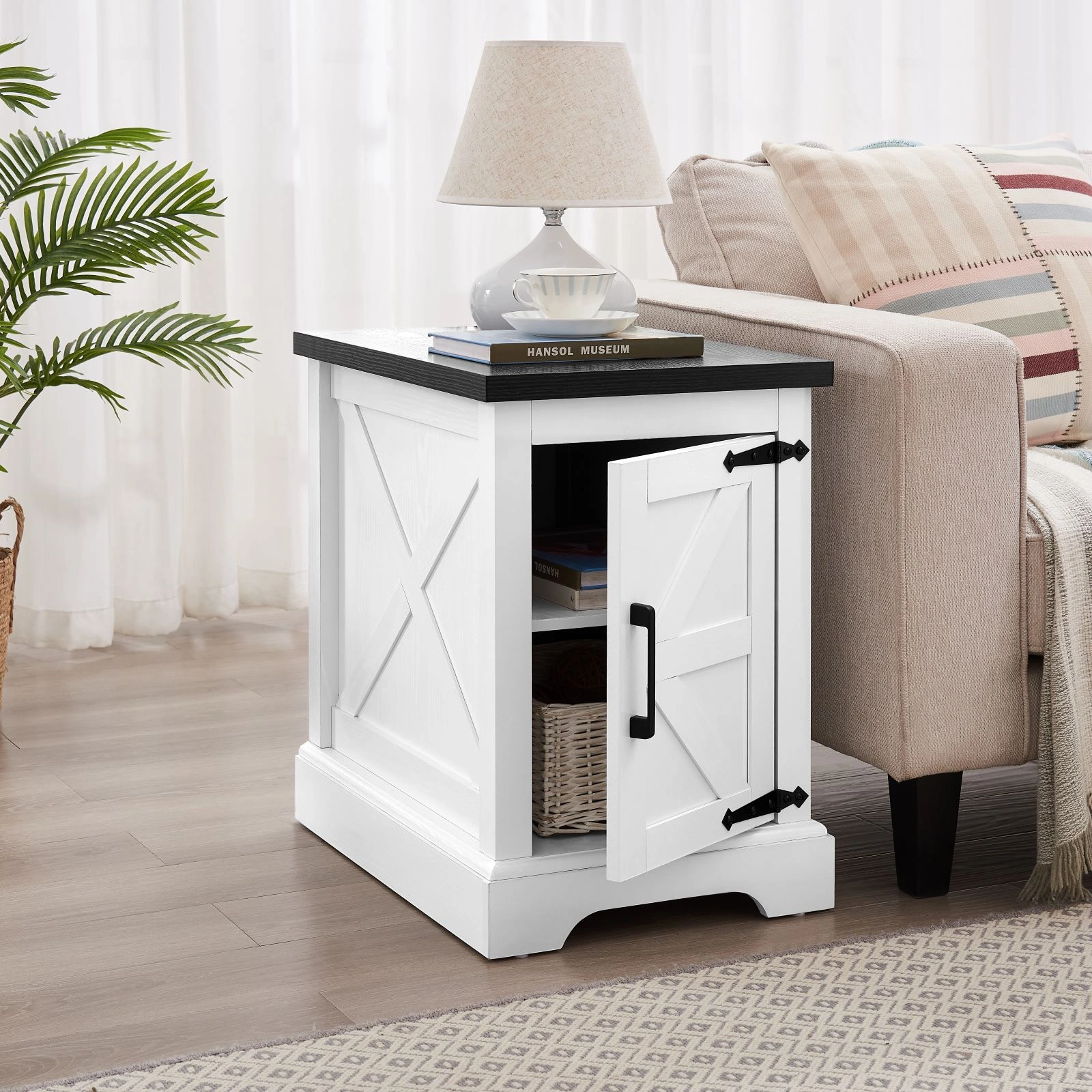 Farmhouse end table Nightstand Rectangular Farmhouse End Table with Barn Door and Adjustable Storage Shelf, Rustic Sofa Side Table for Living Room, Bedroom, White view 7
