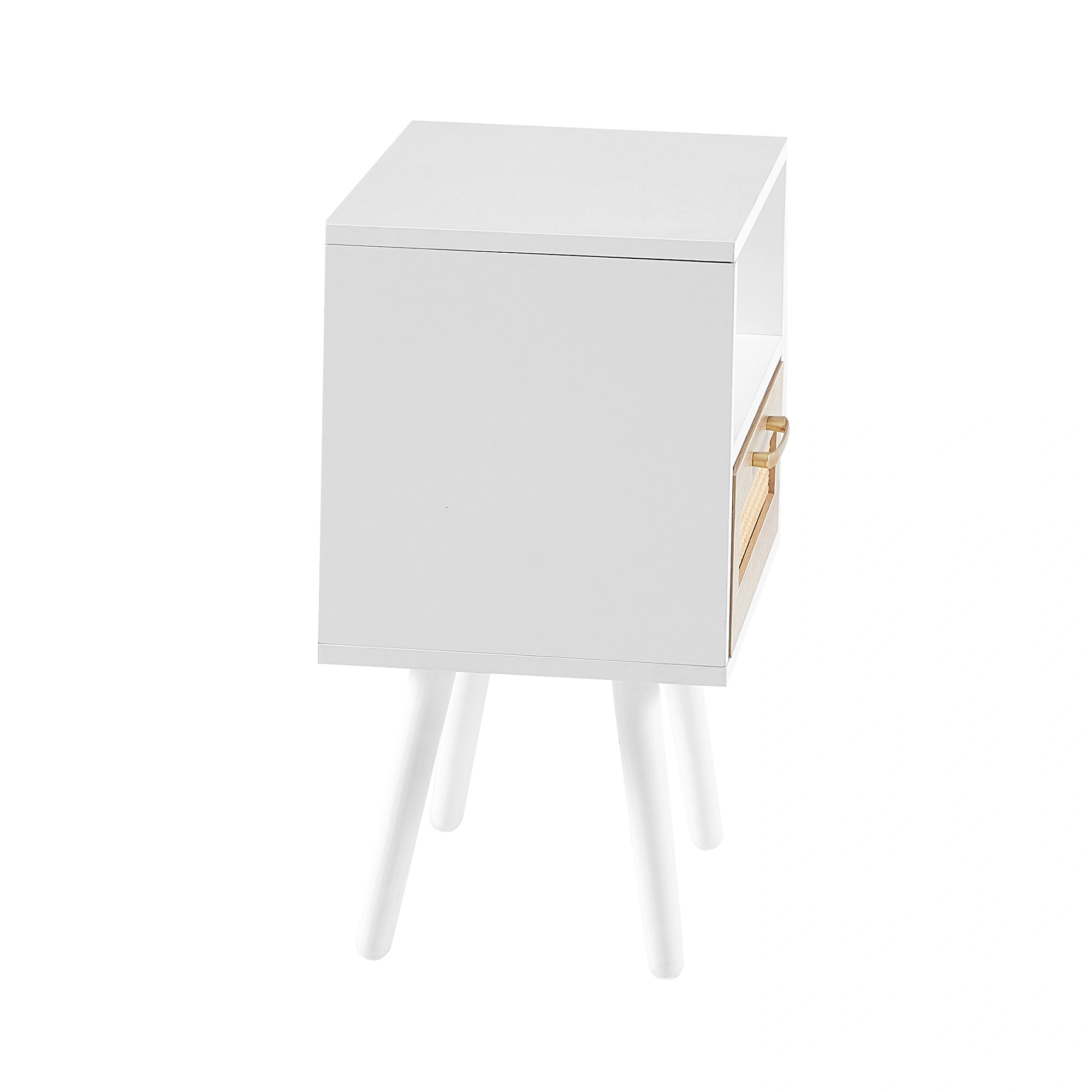 White Rattan End Table 15.75" with Drawer & Solid Wood Legs, Modern Nightstand Side Table for Living Room Bedroom view 10