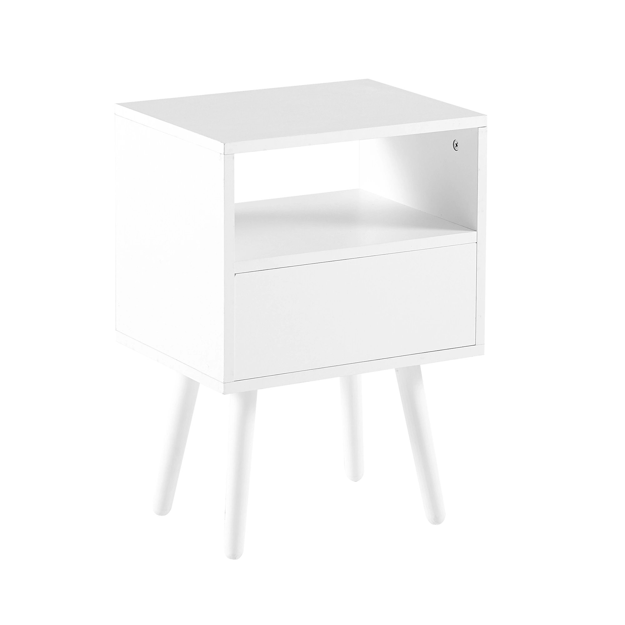 White Rattan End Table 15.75" with Drawer & Solid Wood Legs, Modern Nightstand Side Table for Living Room Bedroom view 11