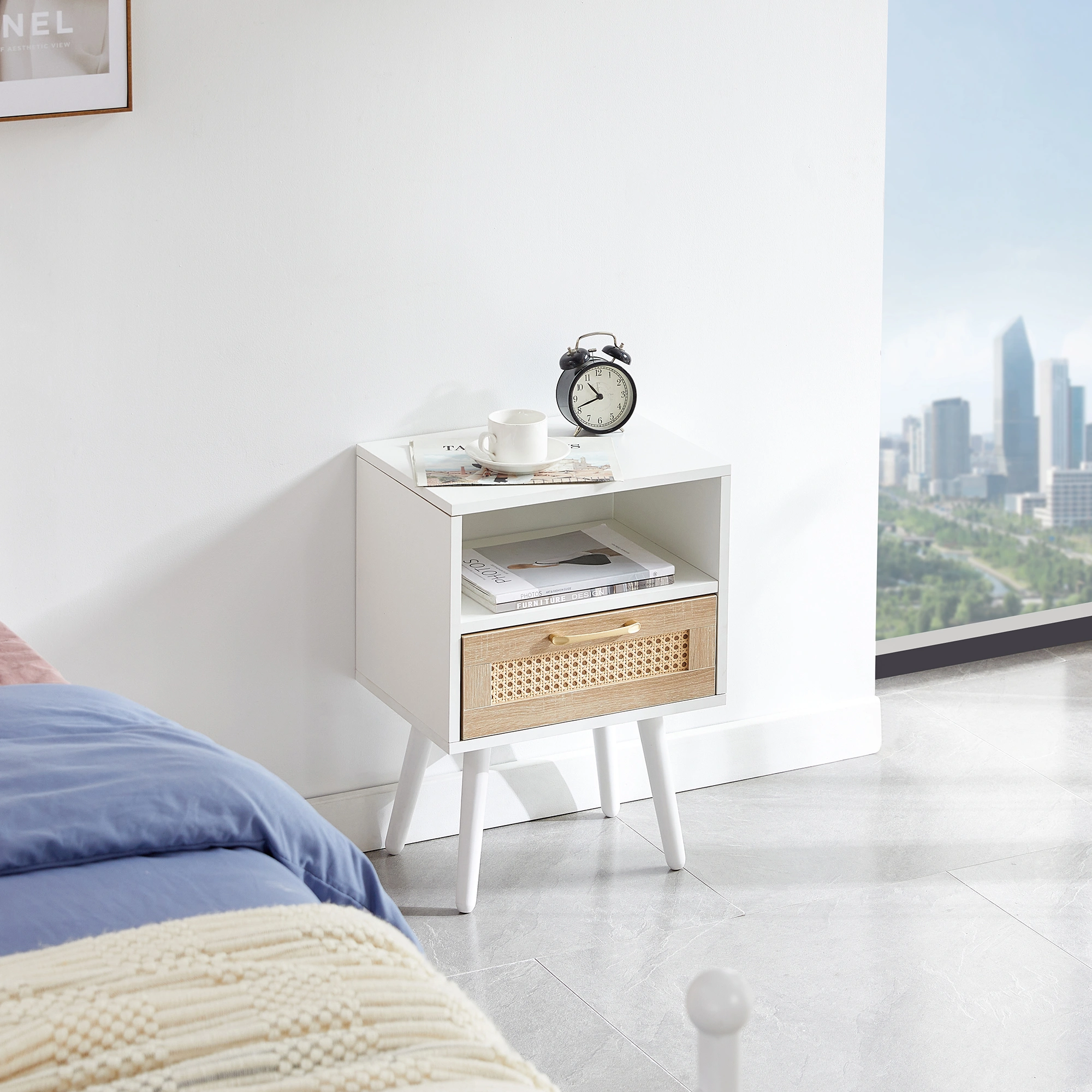 White Rattan End Table 15.75" with Drawer & Solid Wood Legs, Modern Nightstand Side Table for Living Room Bedroom view 2
