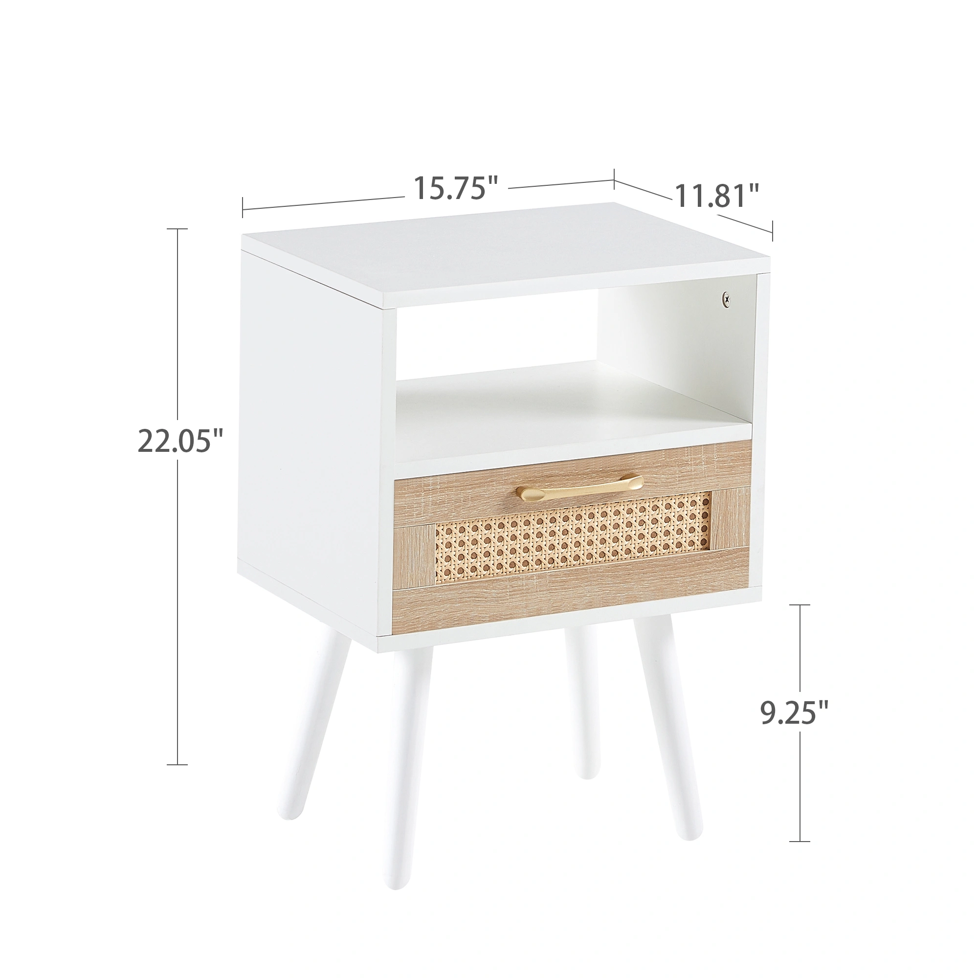 White Rattan End Table 15.75" with Drawer & Solid Wood Legs, Modern Nightstand Side Table for Living Room Bedroom view 3