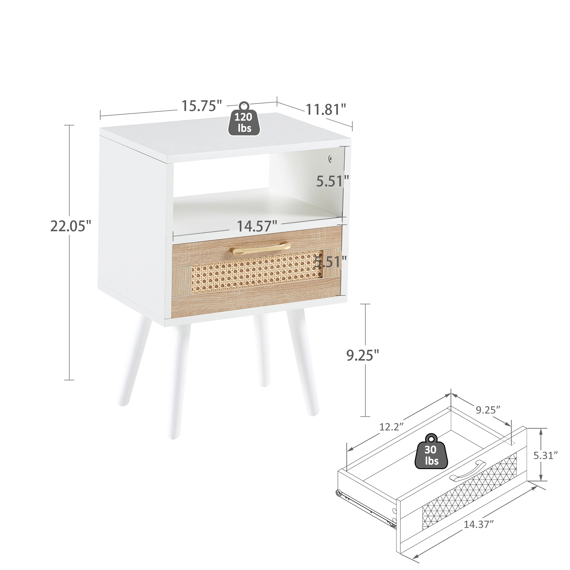 White Rattan End Table 15.75" with Drawer & Solid Wood Legs, Modern Nightstand Side Table for Living Room Bedroom view 4