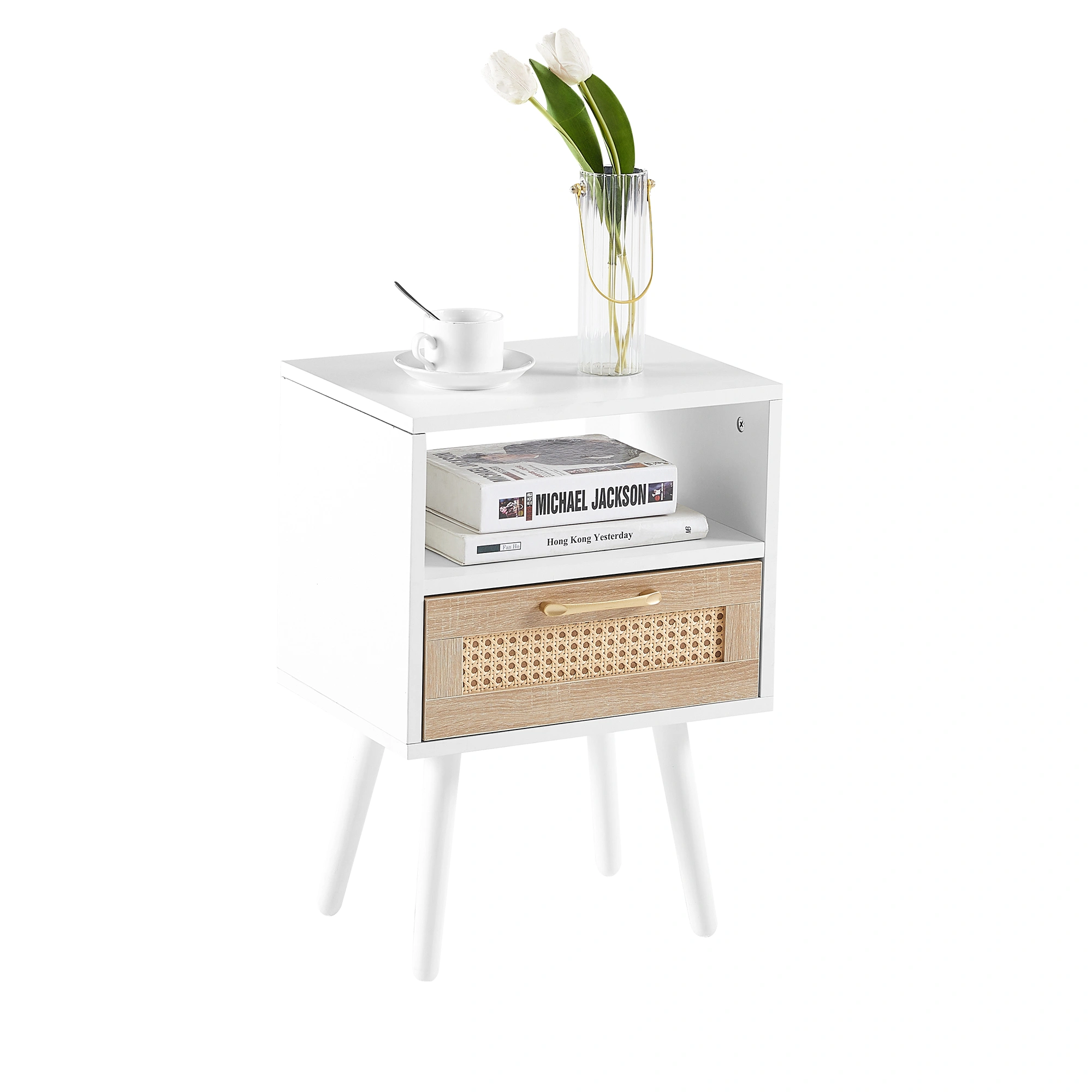 White Rattan End Table 15.75" with Drawer & Solid Wood Legs, Modern Nightstand Side Table for Living Room Bedroom view 6