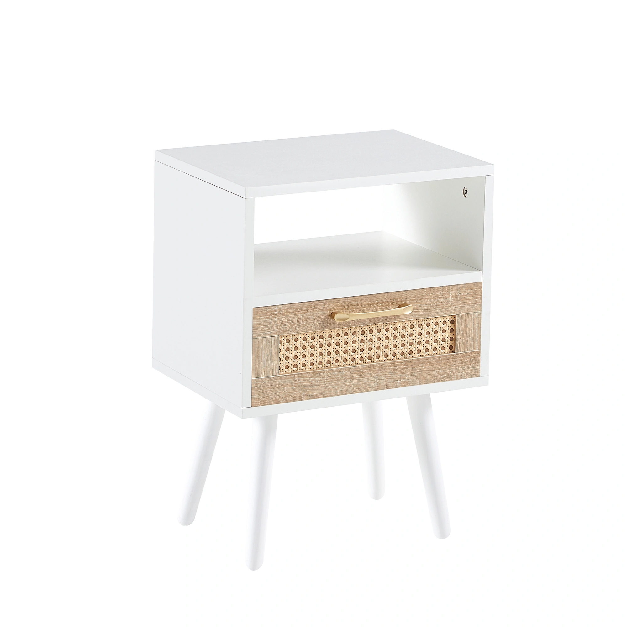 White Rattan End Table 15.75" with Drawer & Solid Wood Legs, Modern Nightstand Side Table for Living Room Bedroom view 7