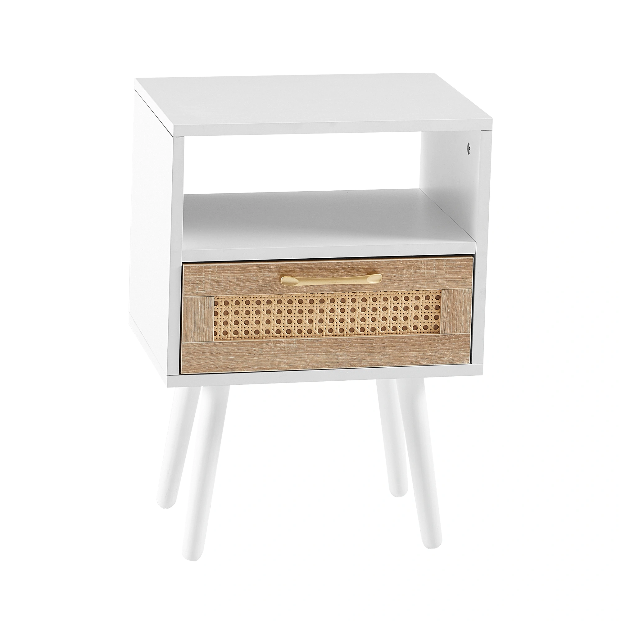 White Rattan End Table 15.75" with Drawer & Solid Wood Legs, Modern Nightstand Side Table for Living Room Bedroom view 8