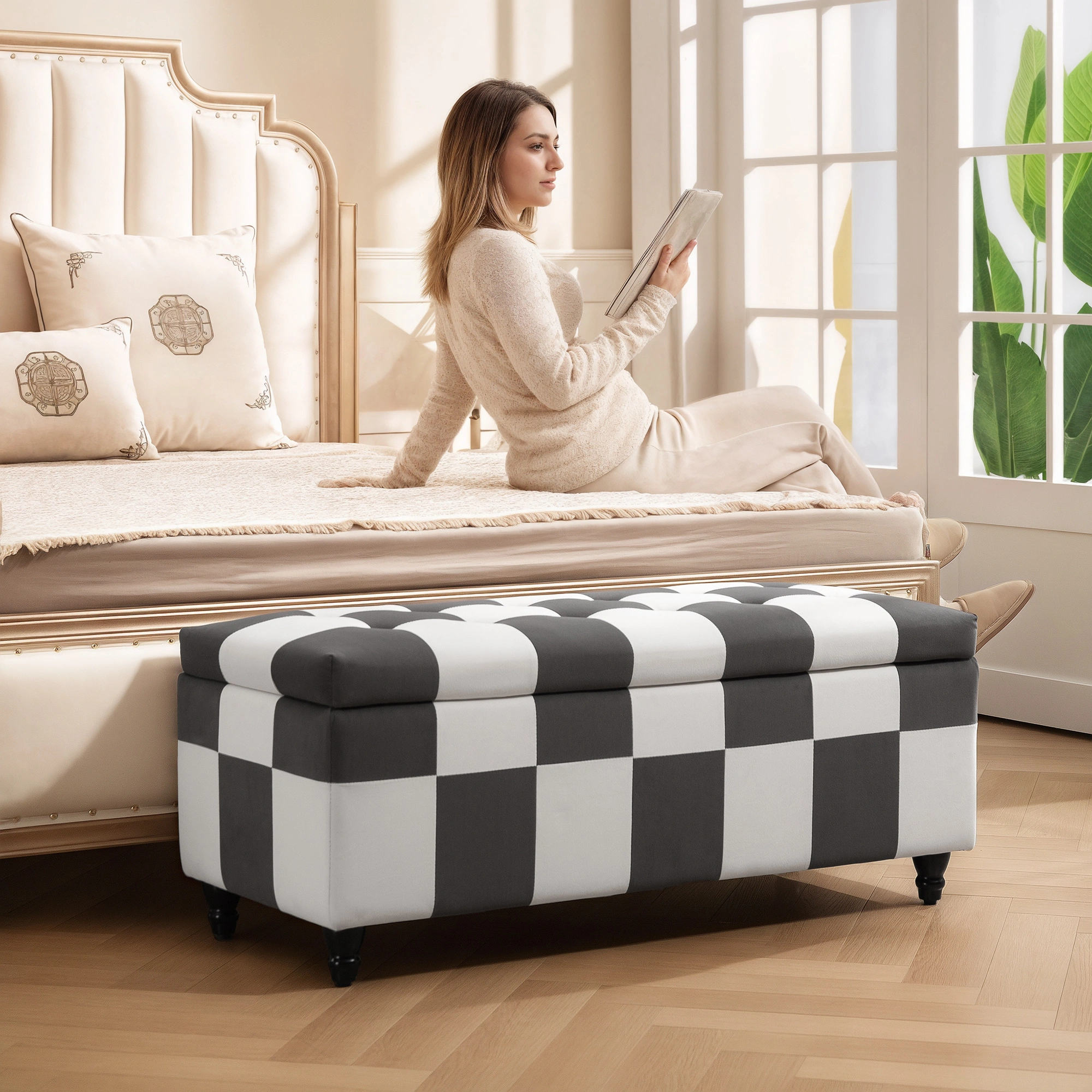 Upholstered Storage Ottoman Seat with Hidden Compartment, Foldable Fabric Bench with Wooden Legs, Multifunctional Cube Organizer for Living Room Bedroom Entryway view 5