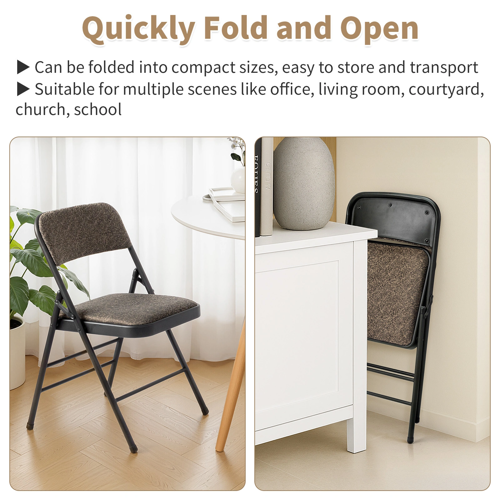 1 Pcs Folding Chair Black Patterned Fabric Upholstered Event Chair 18.1x18.9x29.9 Inch Padded Matte Steel Frame view 6