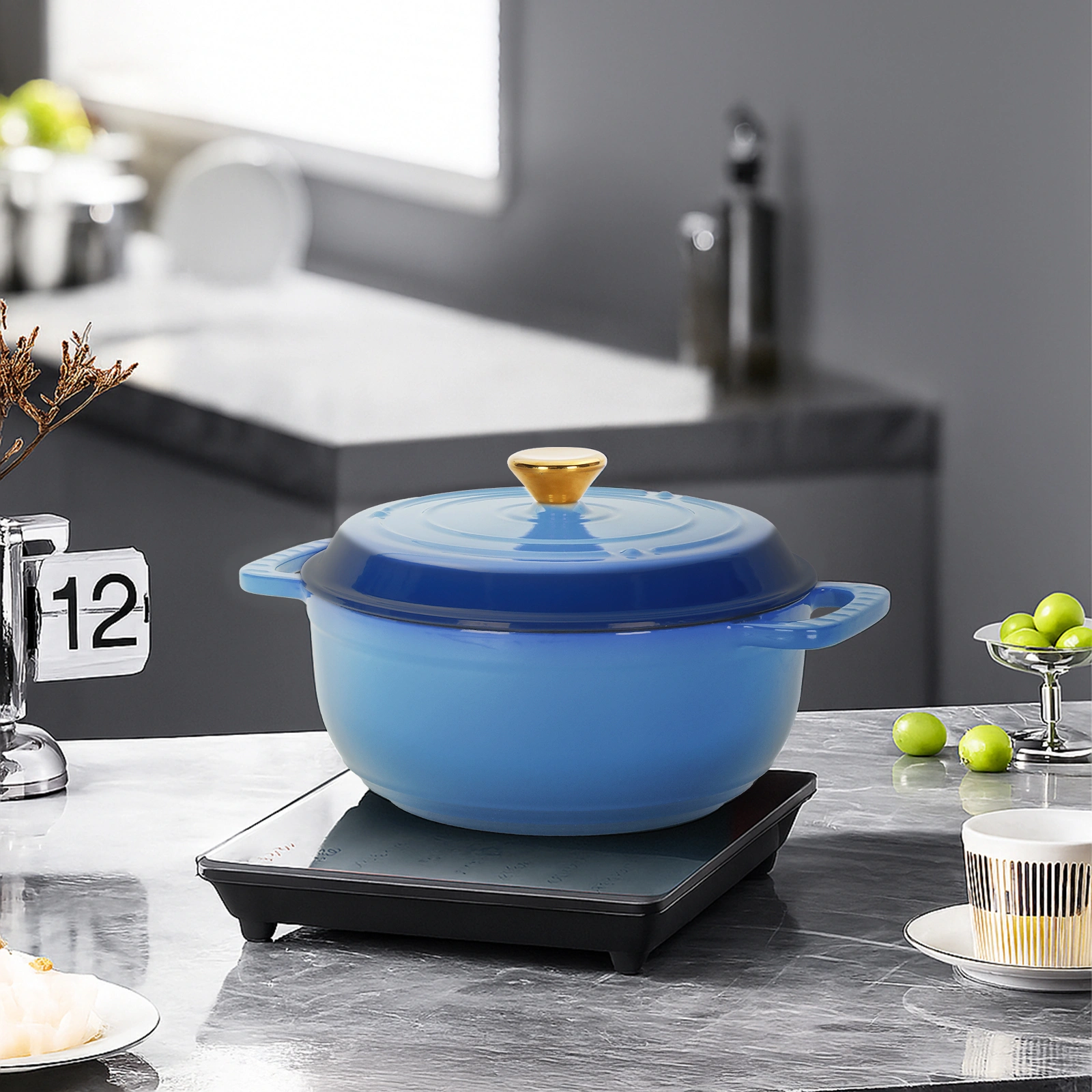 Cast iron 6QT cooking pot - Gradient blue - Includes two silicone gloves - Enamel pot view 11