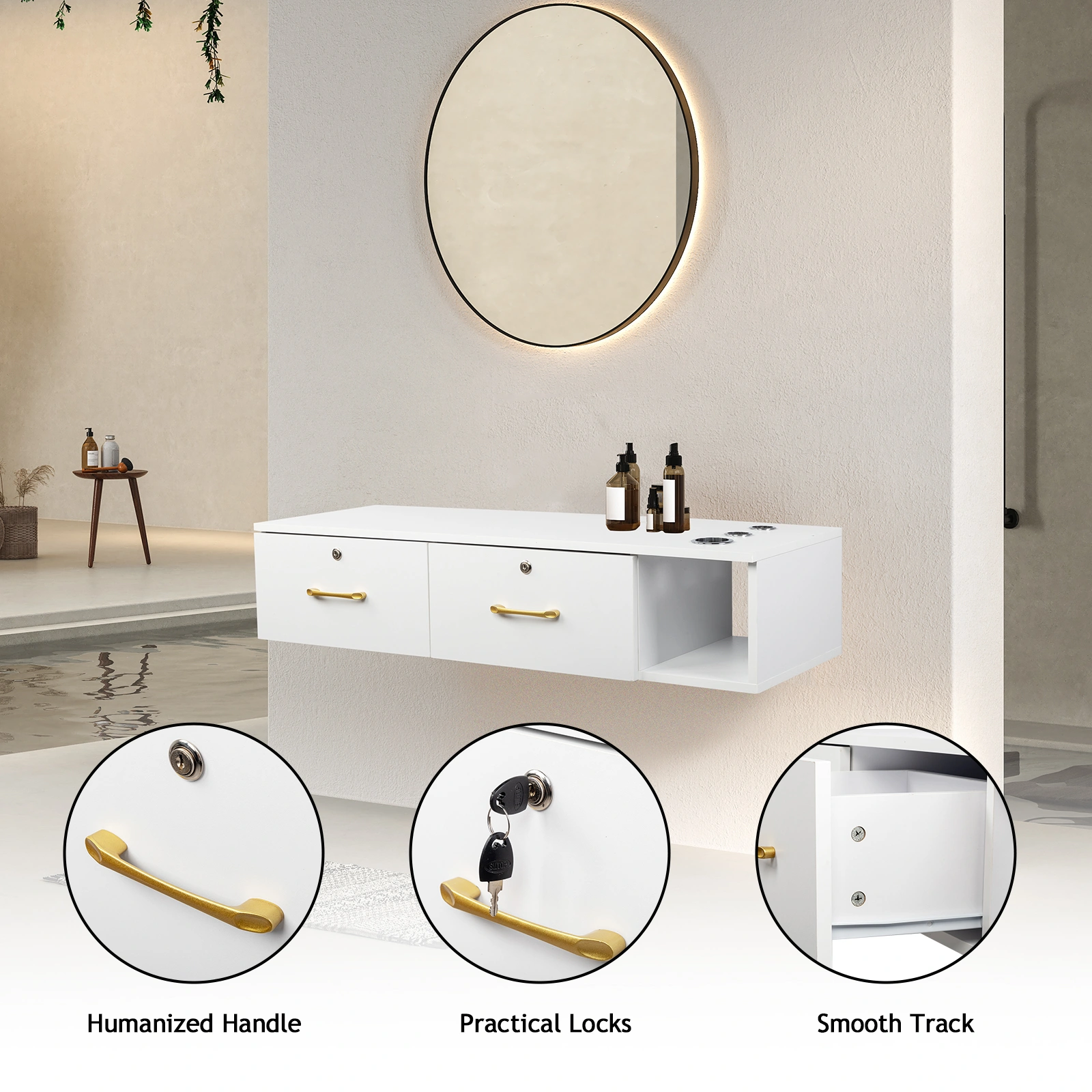 15mm E0 particleboard linen two draw three holes with lock salon cabinet white view 14