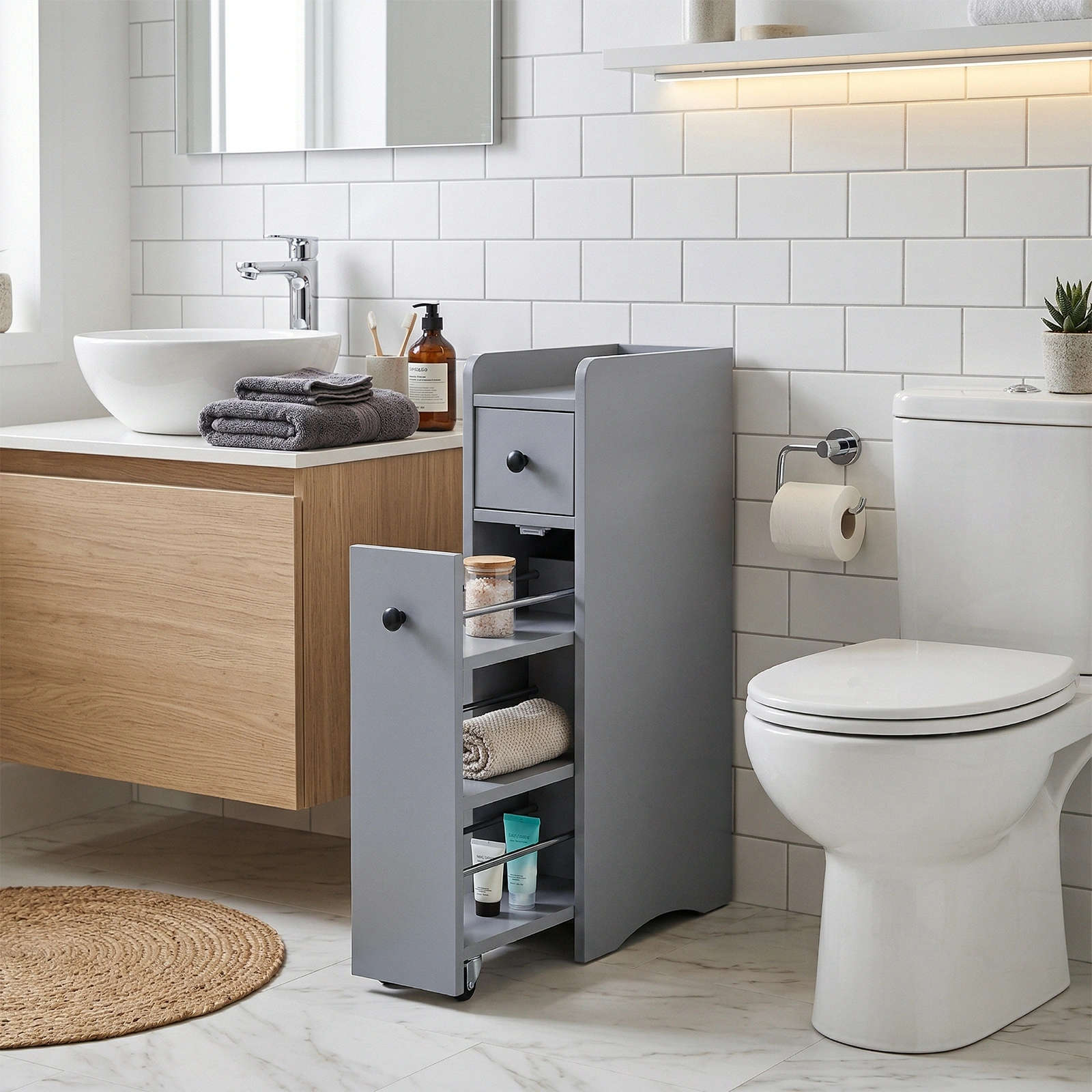 Gray particleboard with melamine veneer, 18*40*70cm, two-drawer, one-panel low cabinet with wheels and movable pull-out shelf, bathroom vanity view 8