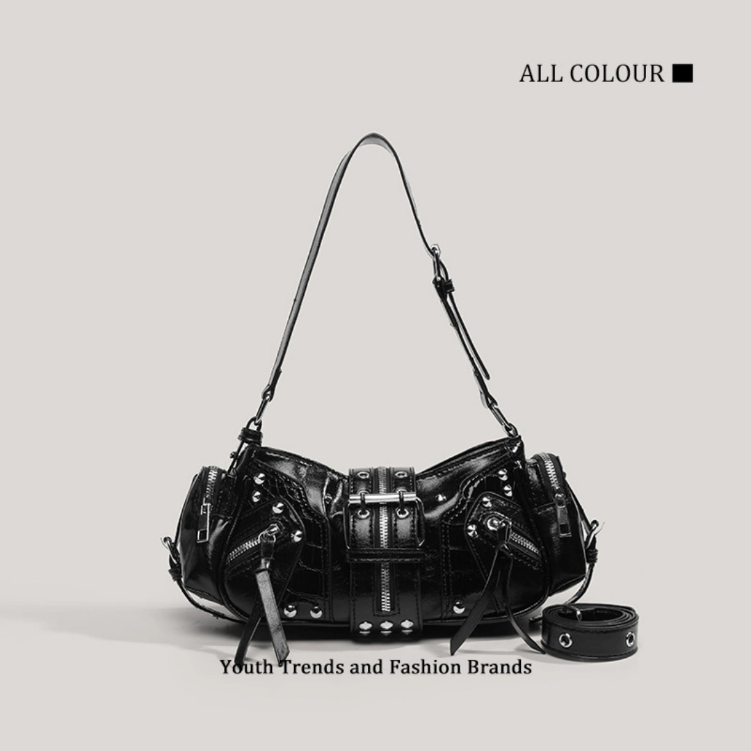 Retro motorcycle style cylindrical crossbody bag, shiny leather multi zipper rivet handbag, millennium Gothic street style daily party mini shoulder bag view 3