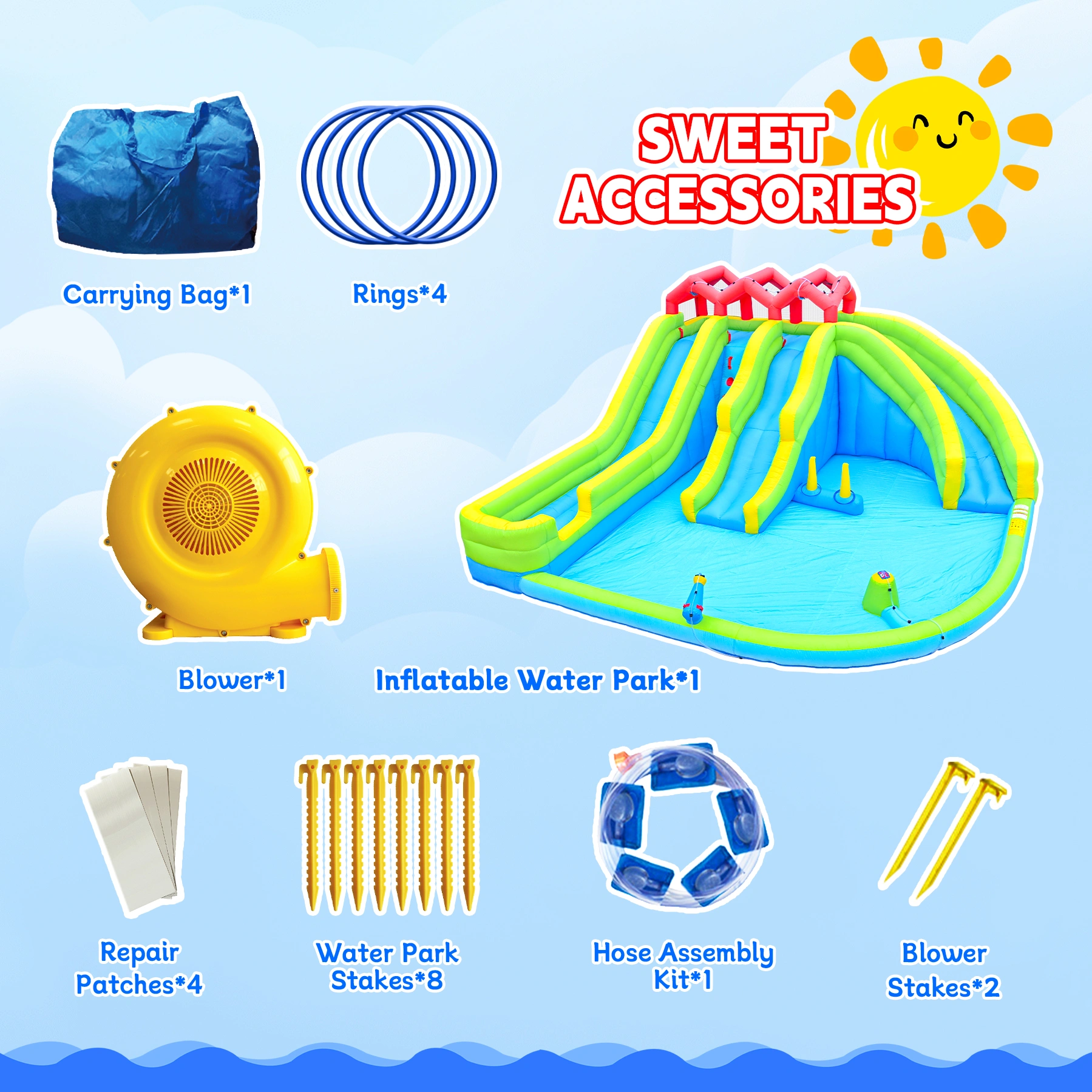 7-in-1 Inflatable Water Park with 3 Slides, Blower, Water Gun, Sprinkler & Fountain view 5