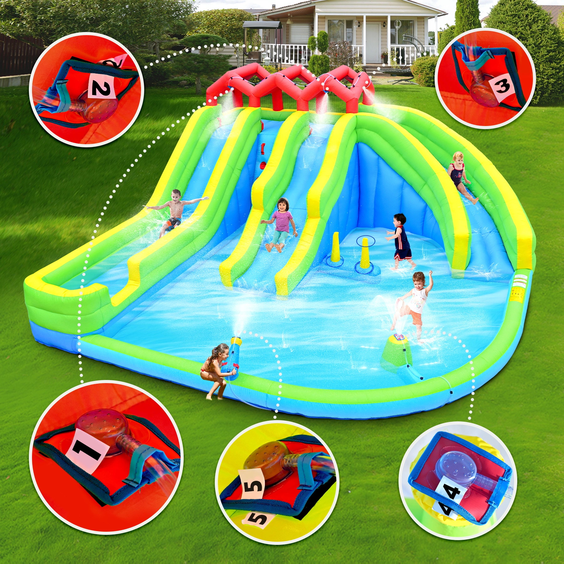 7-in-1 Inflatable Water Park with 3 Slides, Blower, Water Gun, Sprinkler & Fountain view 6