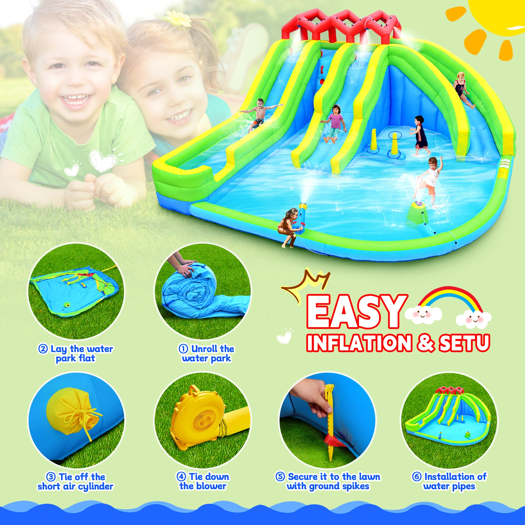 7-in-1 Inflatable Water Park with 3 Slides, Blower, Water Gun, Sprinkler & Fountain view 7