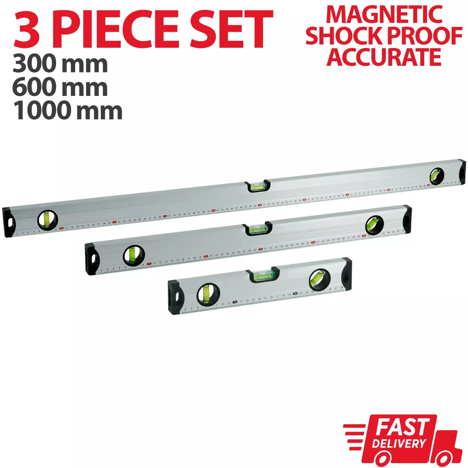 Magnetic Spirit Level Set, 3-Piece Construction Levels 300/600/1000mm, Silver Aluminum Pro Layout Tool