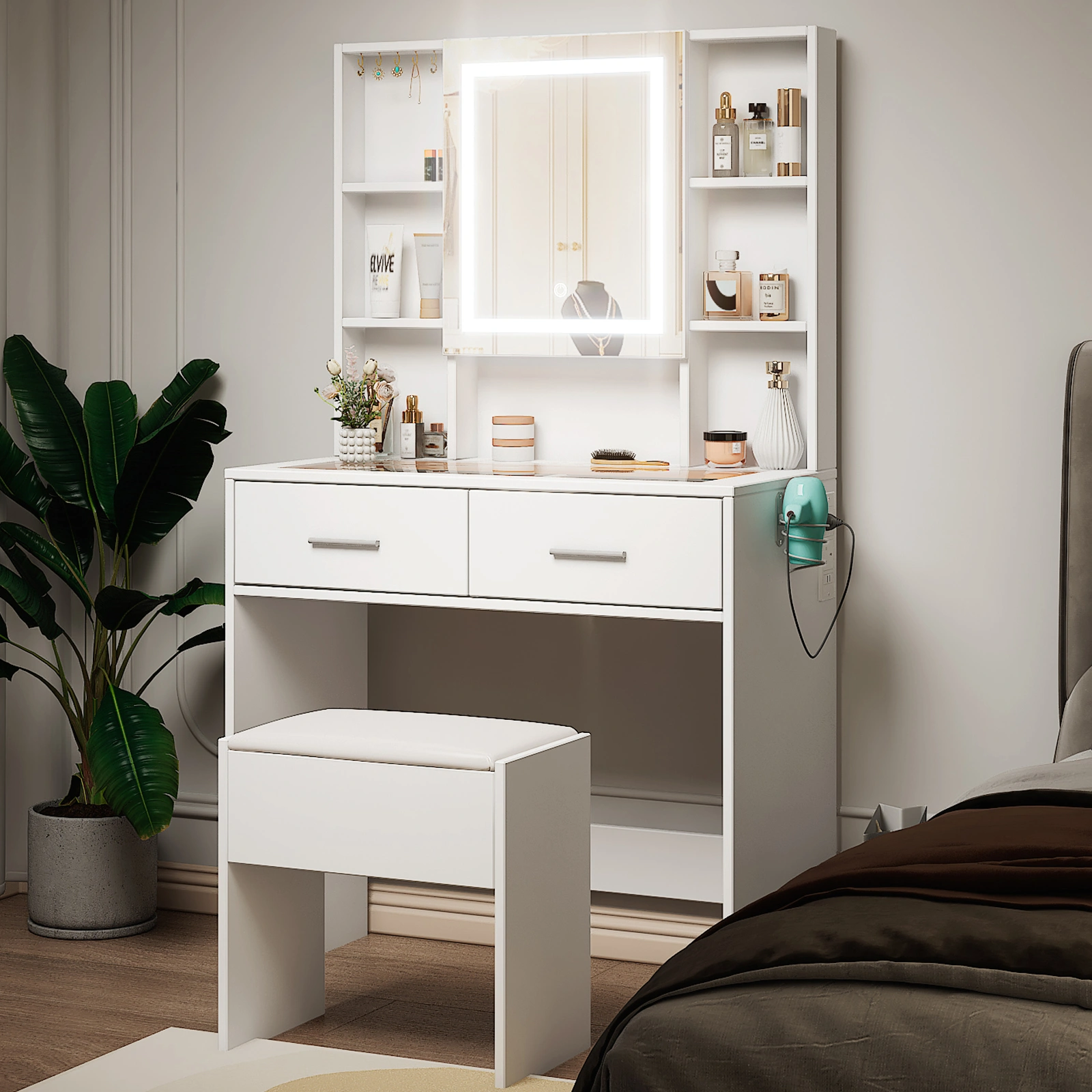 White, hemp surface particle board with triamine, 2 drawers and 4 shelves, dressing table set, LED three-color dimming touch mirror, with power strip, hair dryer holder, glass table top view 10