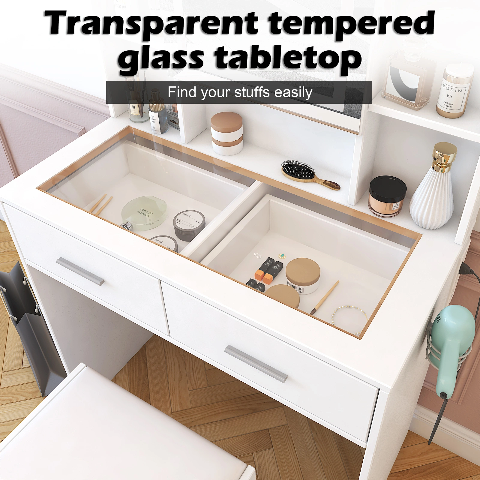 White, hemp surface particle board with triamine, 2 drawers and 4 shelves, dressing table set, LED three-color dimming touch mirror, with power strip, hair dryer holder, glass table top view 11