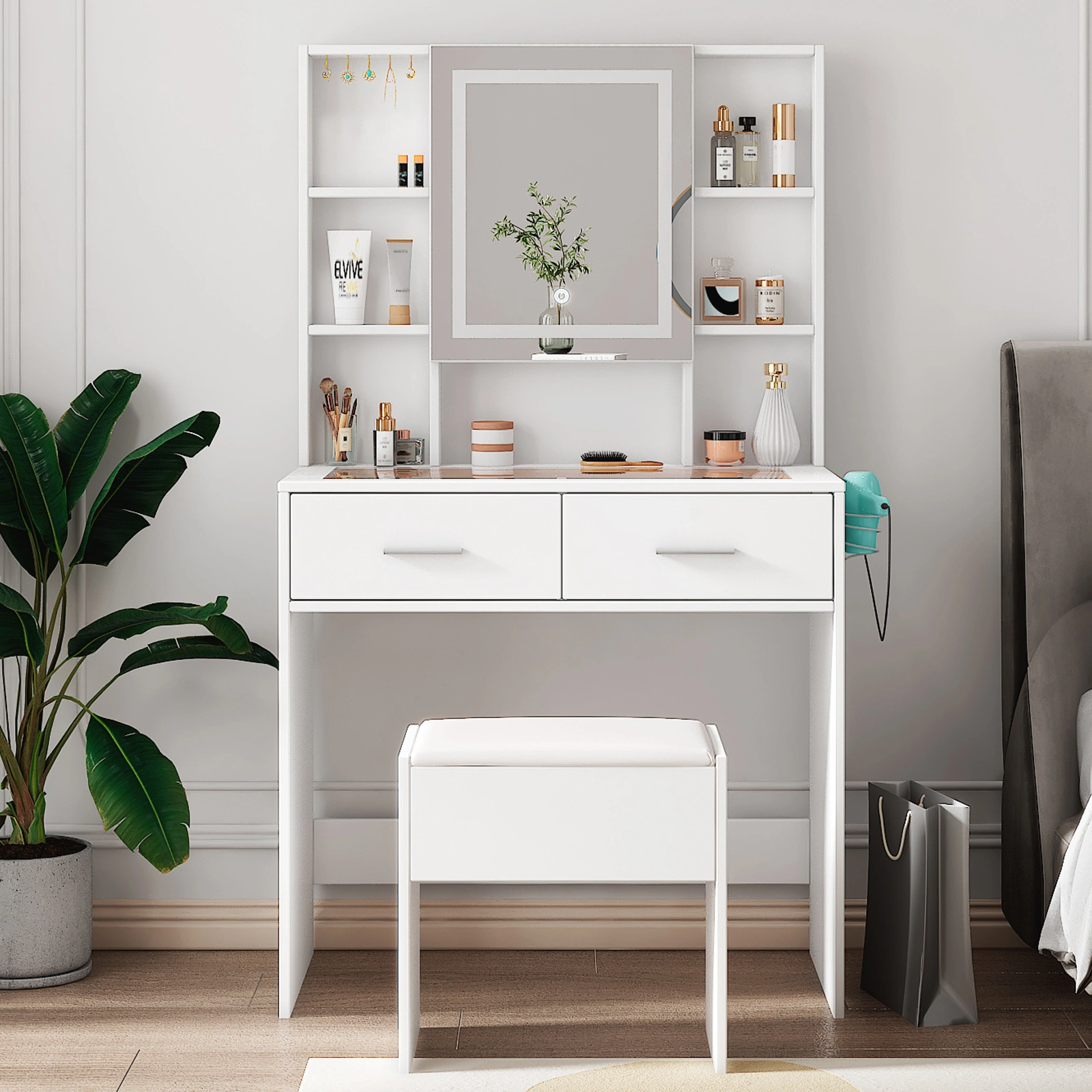 White, hemp surface particle board with triamine, 2 drawers and 4 shelves, dressing table set, LED three-color dimming touch mirror, with power strip, hair dryer holder, glass table top view 12