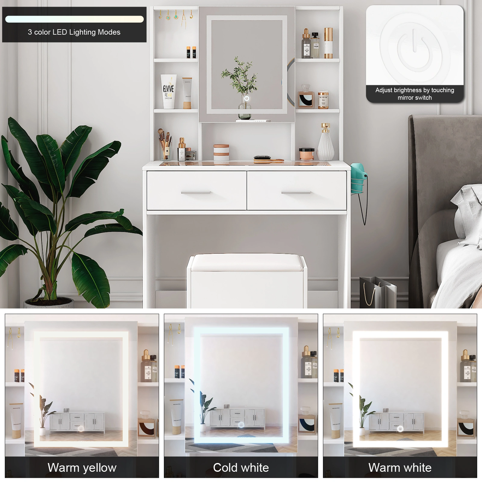White, hemp surface particle board with triamine, 2 drawers and 4 shelves, dressing table set, LED three-color dimming touch mirror, with power strip, hair dryer holder, glass table top view 14