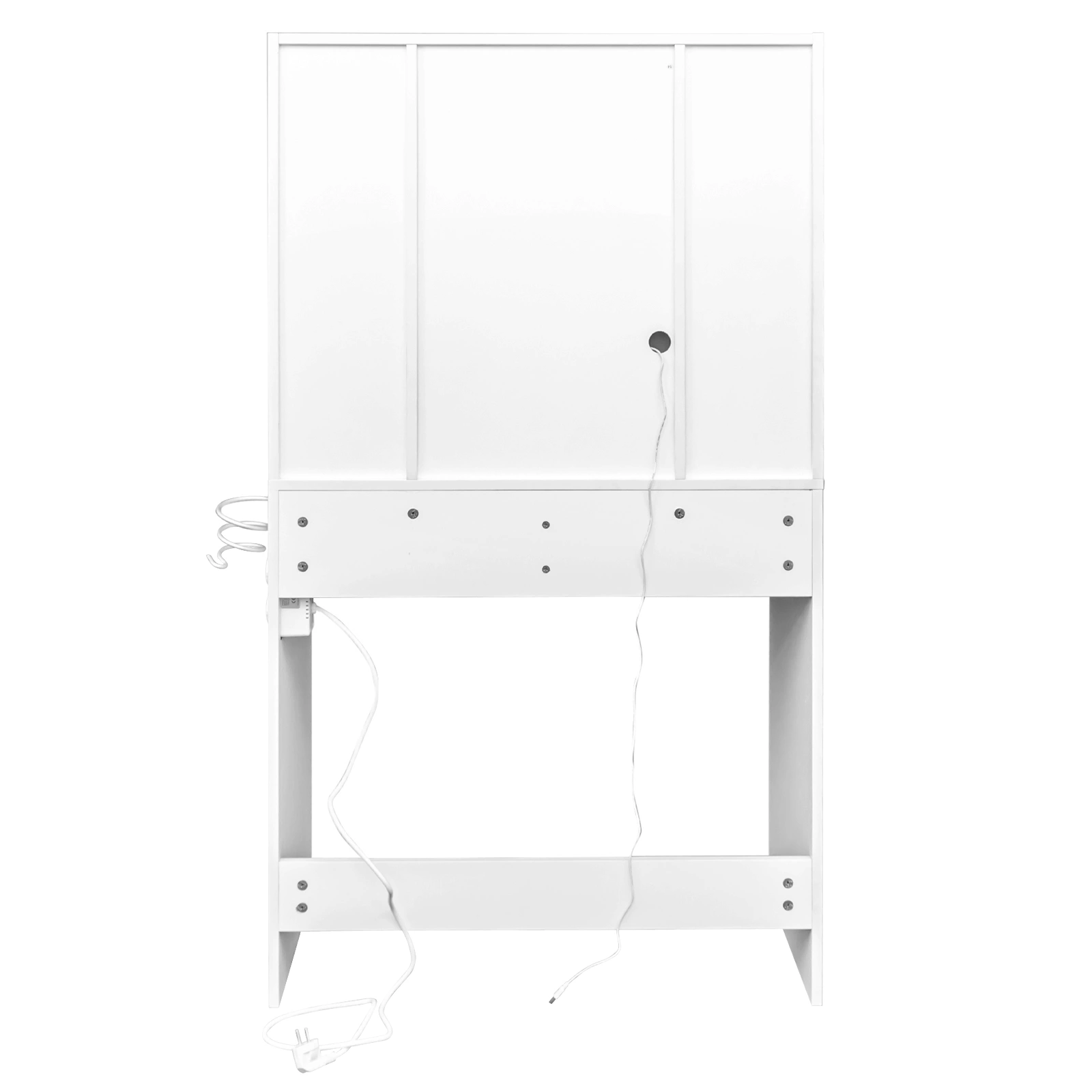 White, hemp surface particle board with triamine, 2 drawers and 4 shelves, dressing table set, LED three-color dimming touch mirror, with power strip, hair dryer holder, glass table top view 4