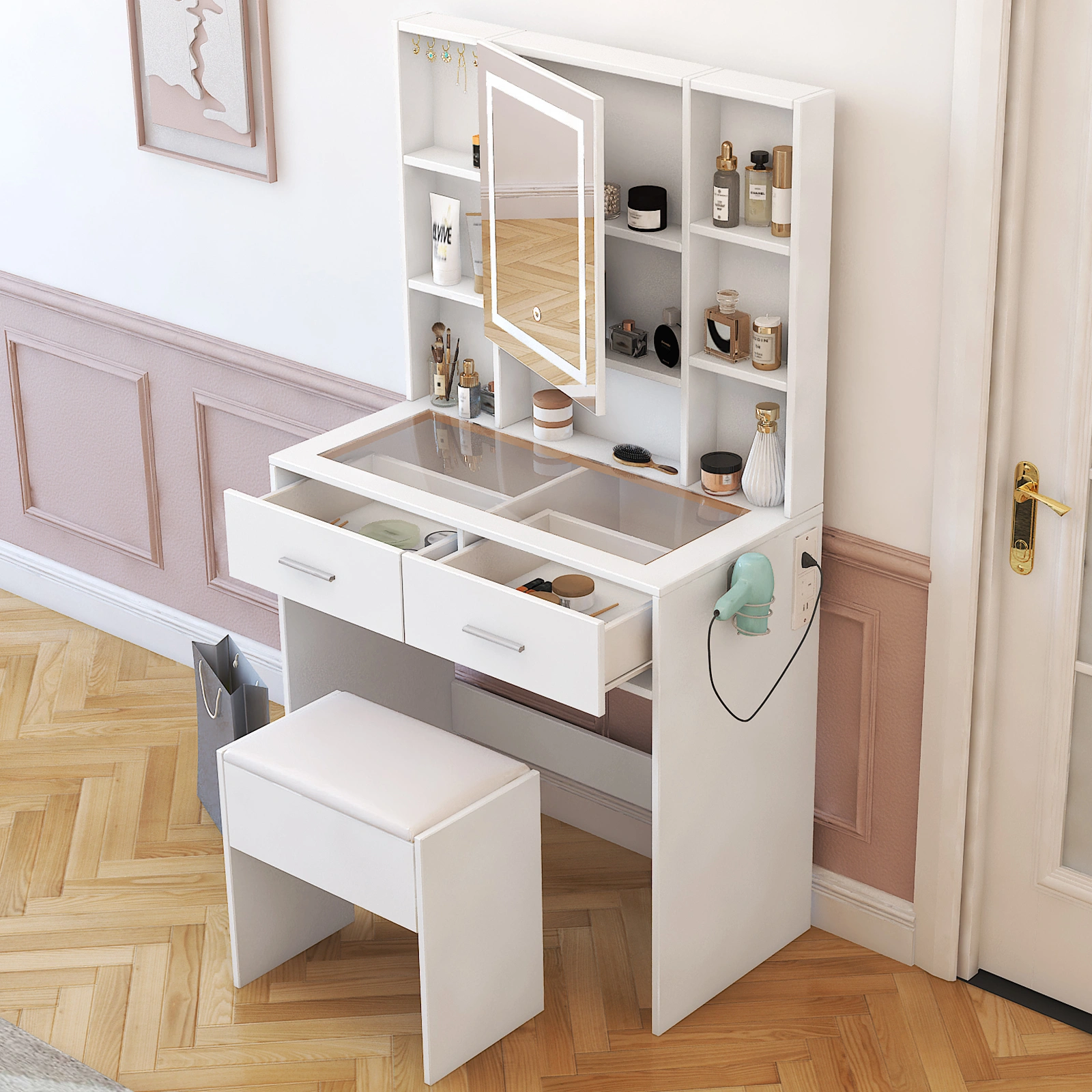 White, hemp surface particle board with triamine, 2 drawers and 4 shelves, dressing table set, LED three-color dimming touch mirror, with power strip, hair dryer holder, glass table top view 5