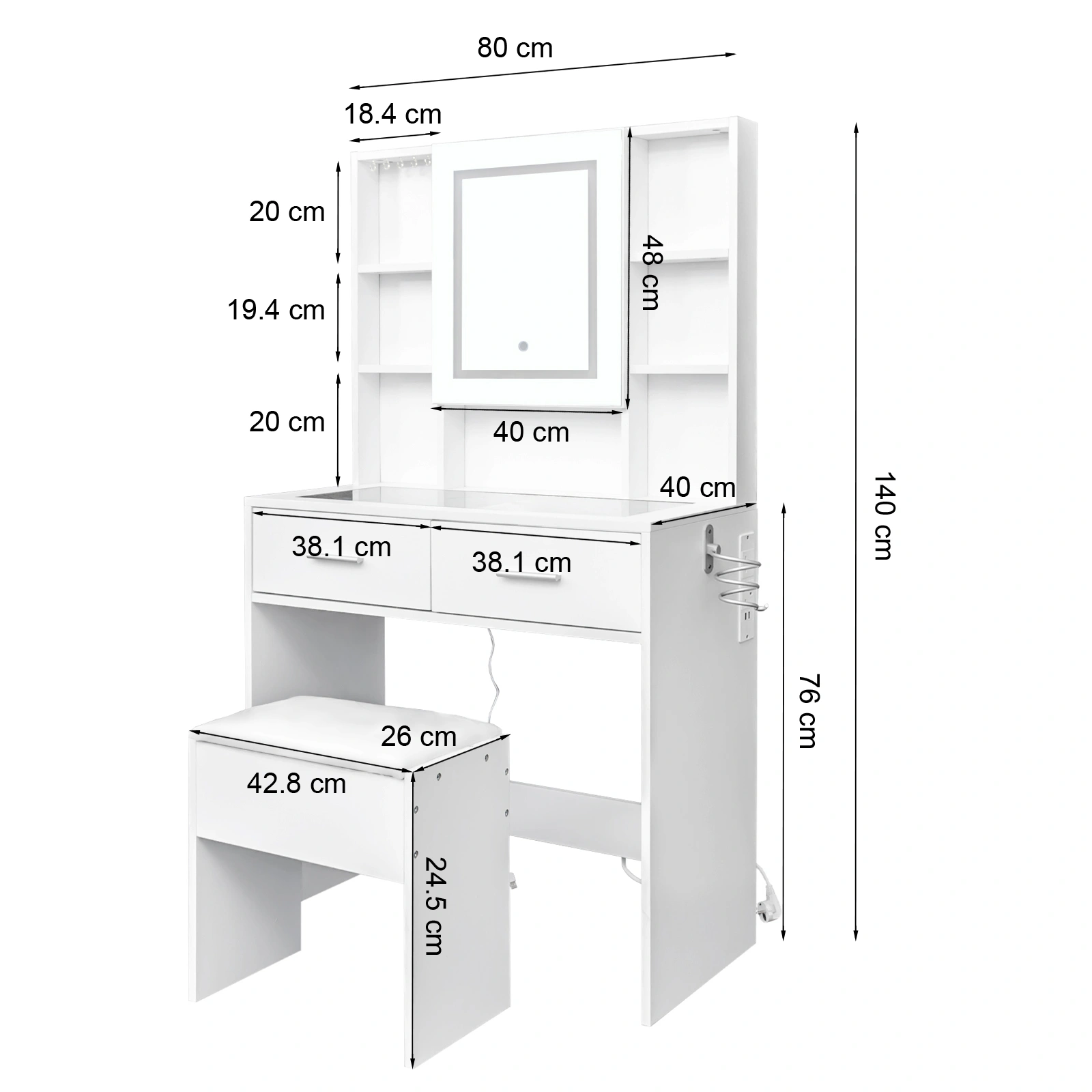 White, hemp surface particle board with triamine, 2 drawers and 4 shelves, dressing table set, LED three-color dimming touch mirror, with power strip, hair dryer holder, glass table top view 6