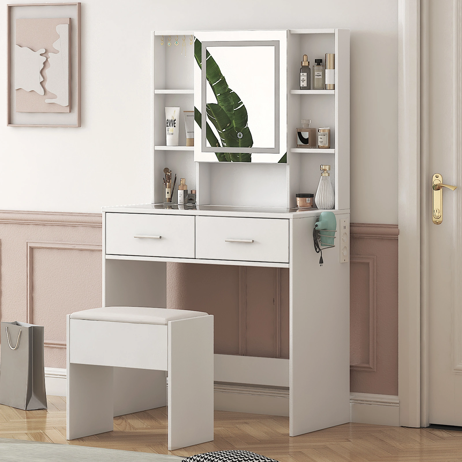 White, hemp surface particle board with triamine, 2 drawers and 4 shelves, dressing table set, LED three-color dimming touch mirror, with power strip, hair dryer holder, glass table top view 8