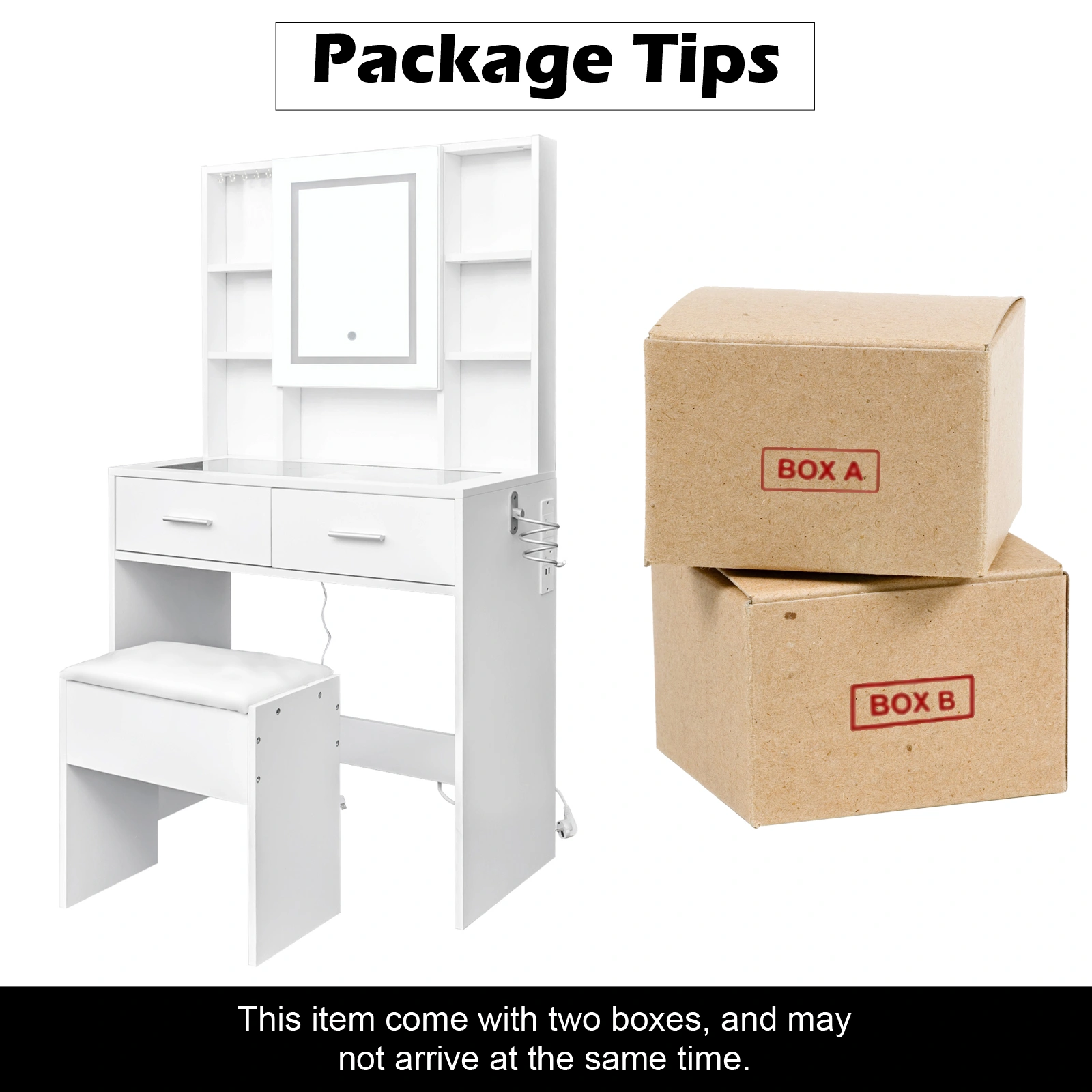 White, hemp surface particle board with triamine, 2 drawers and 4 shelves, dressing table set, LED three-color dimming touch mirror, with power strip, hair dryer holder, glass table top view 9