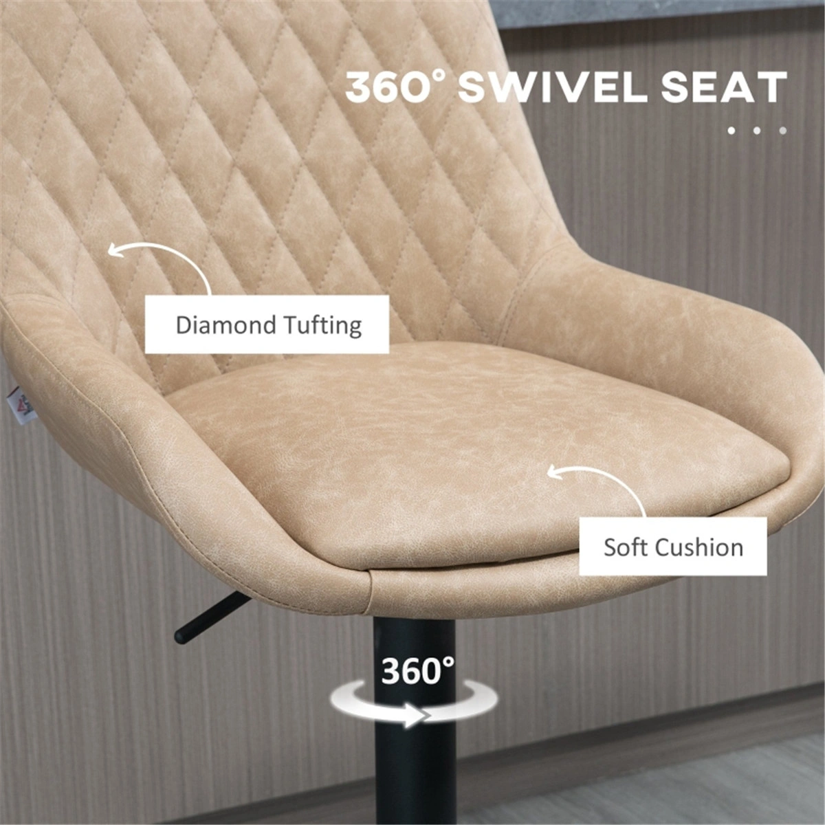Luxury Bar Stool Set of 2, Dining Chair & Office Chair, 29" Bar Height, Tufted Backrest, PU Leather, Swivel Seat, Gold Metal Frame view 3