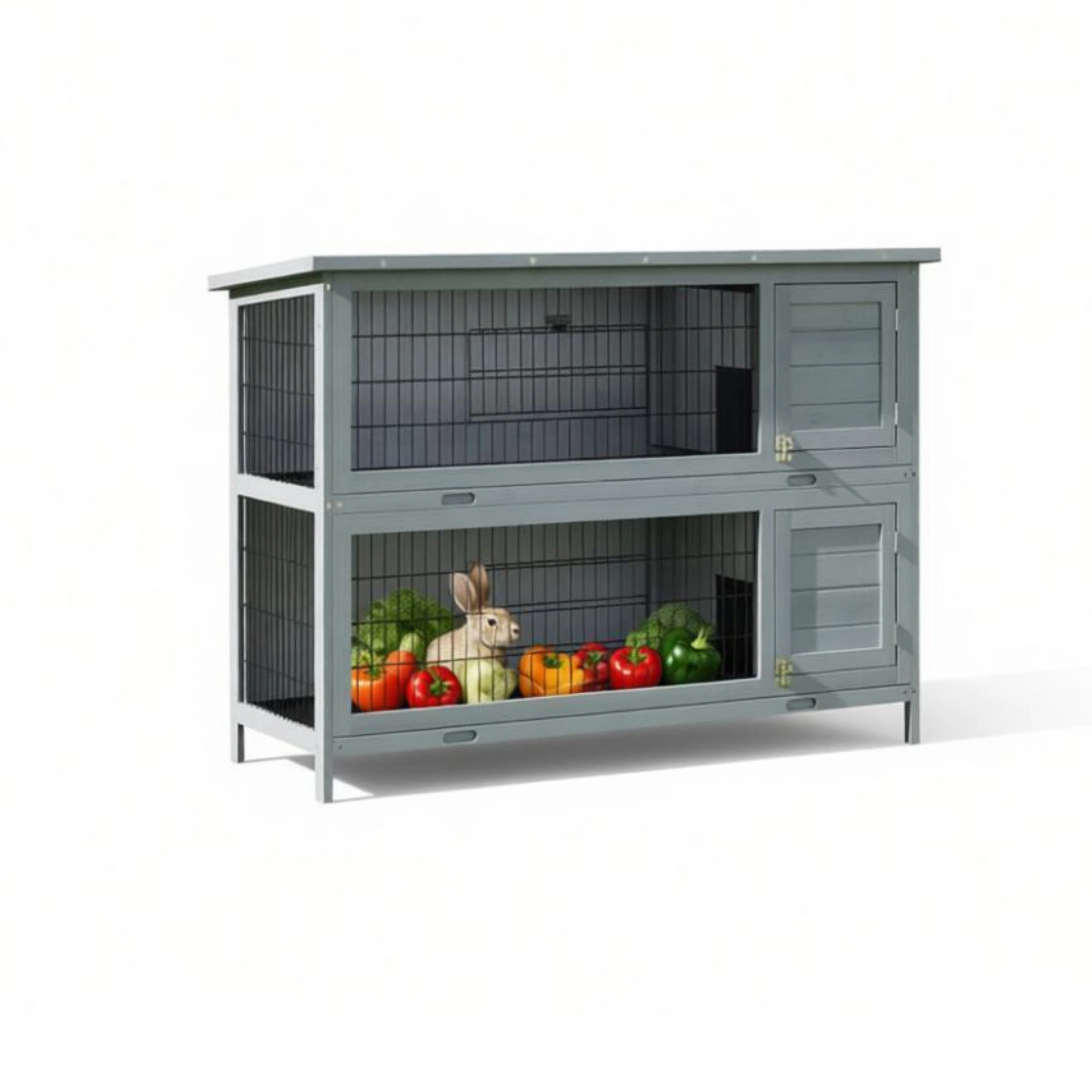 54" 2-Story Large Rabbit Hutch, Bunny Cage, Wooden Pet House, Small Animal Habitat, Gray with Lockable Doors, Tray, Roof view 2