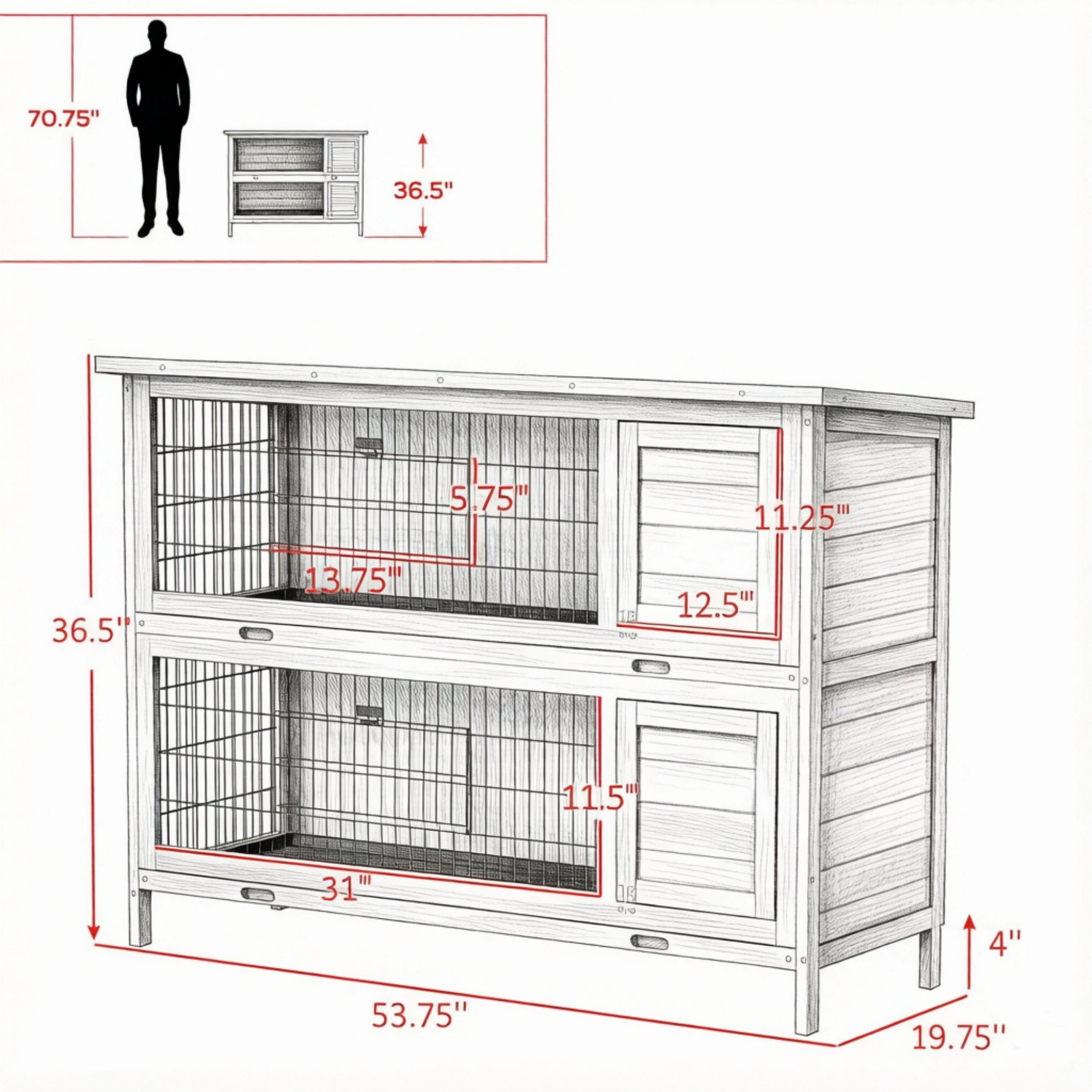 54" 2-Story Large Rabbit Hutch, Bunny Cage, Wooden Pet House, Small Animal Habitat, Gray with Lockable Doors, Tray, Roof view 3