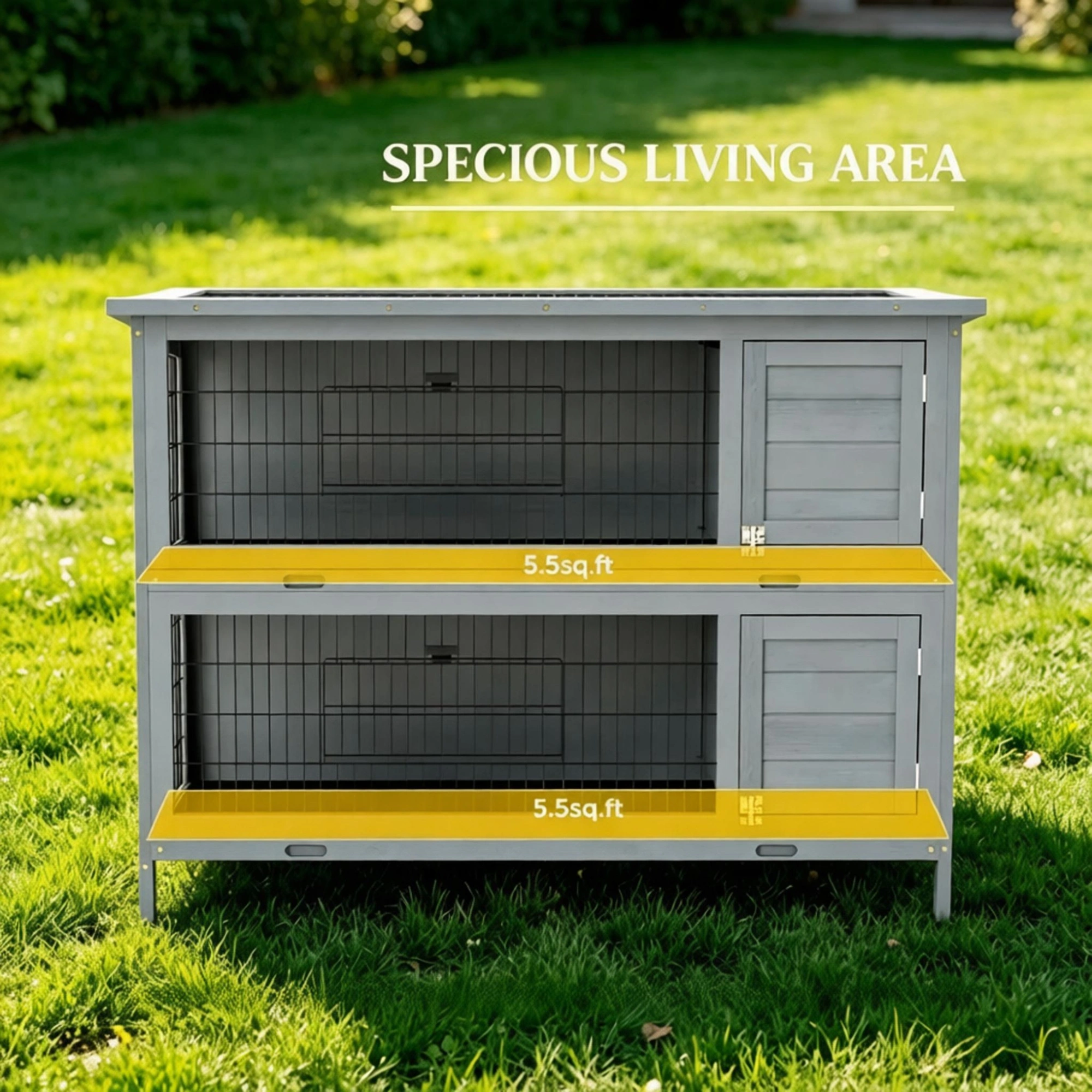 54" 2-Story Large Rabbit Hutch, Bunny Cage, Wooden Pet House, Small Animal Habitat, Gray with Lockable Doors, Tray, Roof view 4