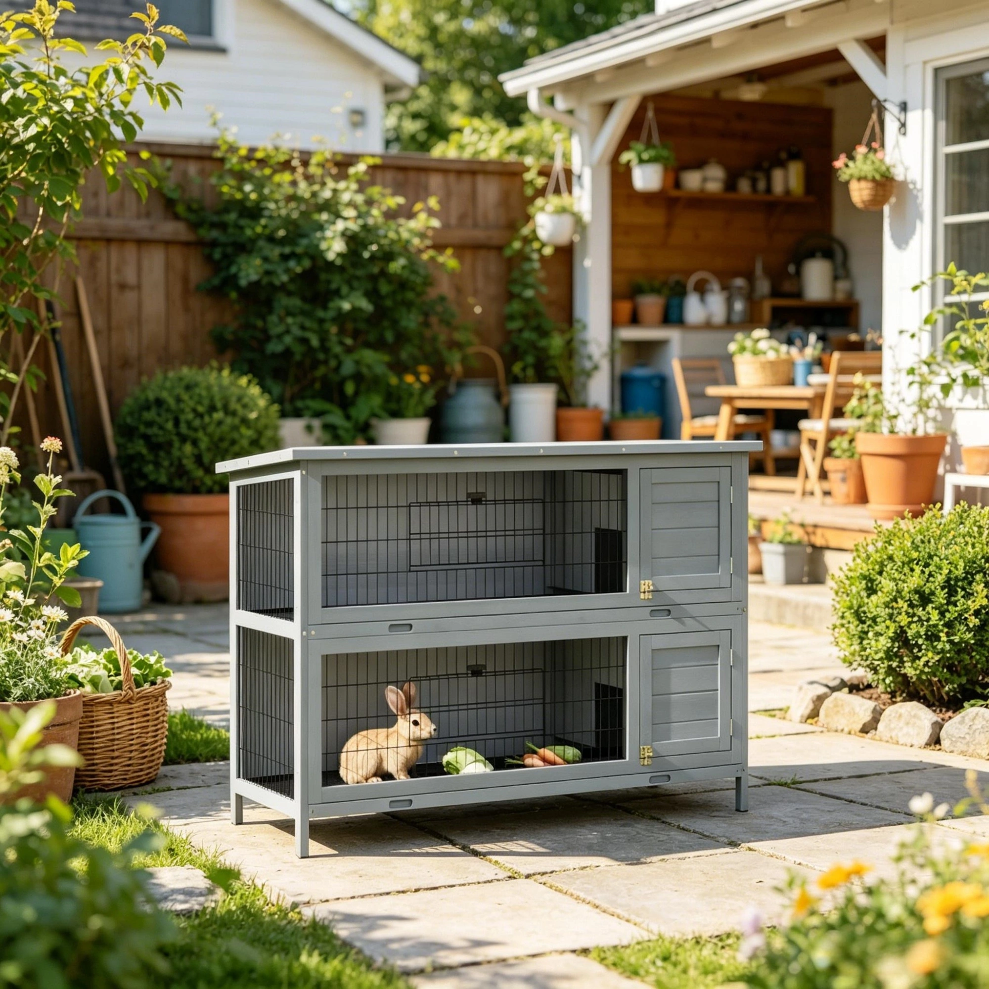 54" 2-Story Large Rabbit Hutch, Bunny Cage, Wooden Pet House, Small Animal Habitat, Gray with Lockable Doors, Tray, Roof view 5