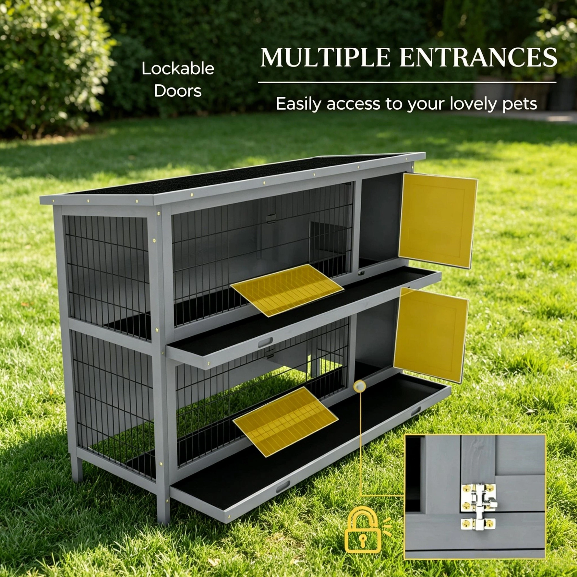 54" 2-Story Large Rabbit Hutch, Bunny Cage, Wooden Pet House, Small Animal Habitat, Gray with Lockable Doors, Tray, Roof view 6